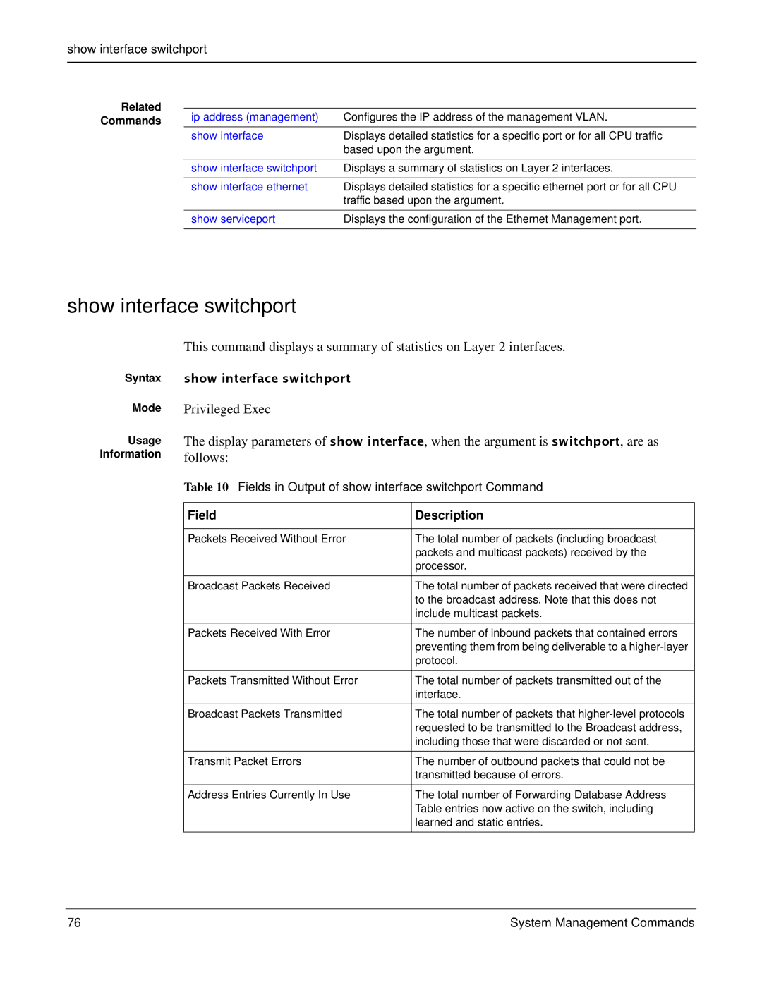 Force10 Networks S2410s manual Show interface switchport, Fields in Output of show interface switchport Command 