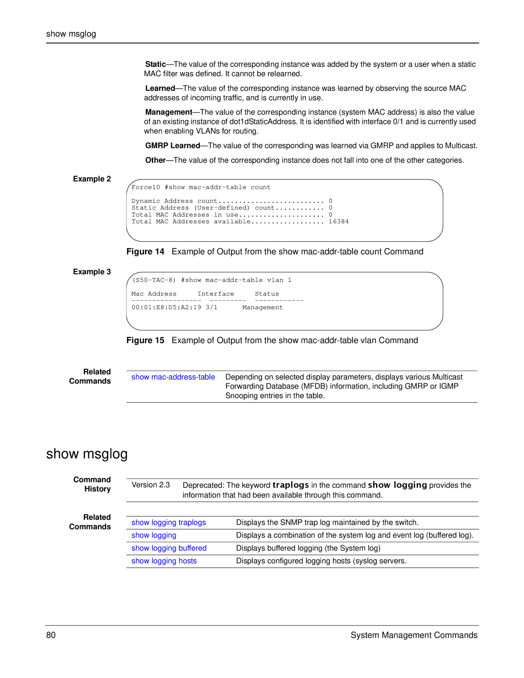 Force10 Networks S2410s manual Show msglog 