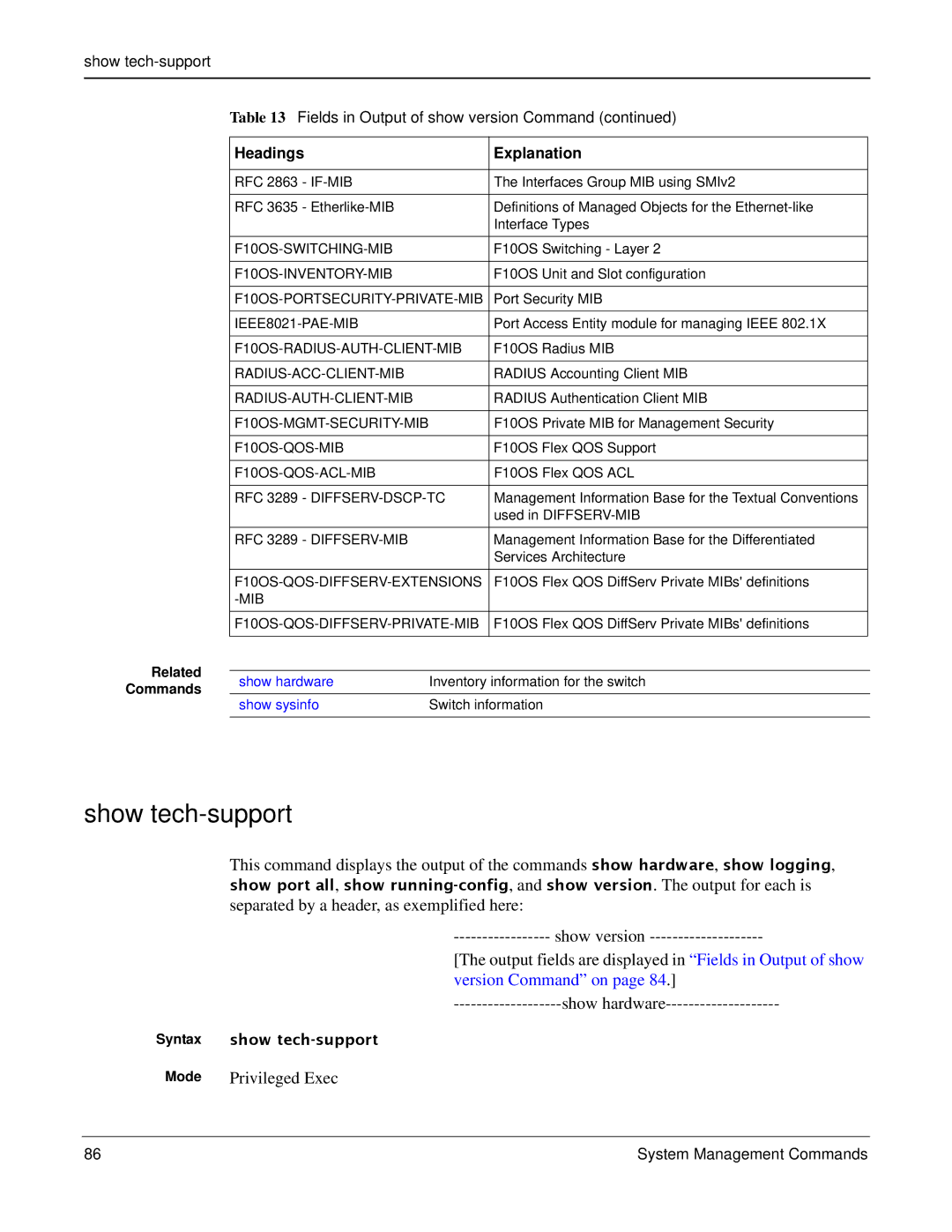 Force10 Networks S2410s manual Show tech-support Fields in Output of show version Command, Syntax show tech-support 