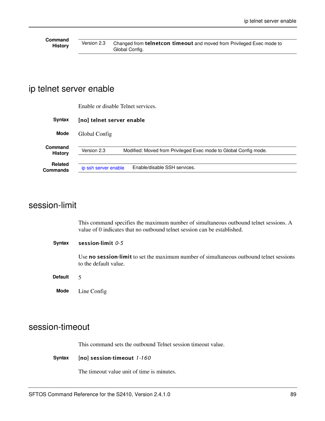 Force10 Networks S2410s manual Ip telnet server enable, Session-limit, Session-timeout 