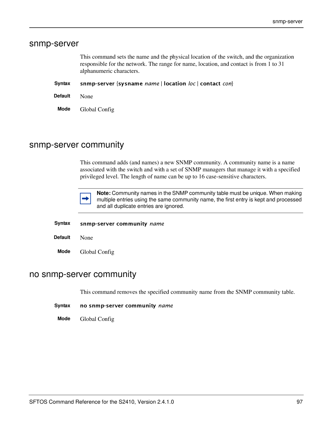 Force10 Networks S2410s manual Snmp-server community, No snmp-server community, None 