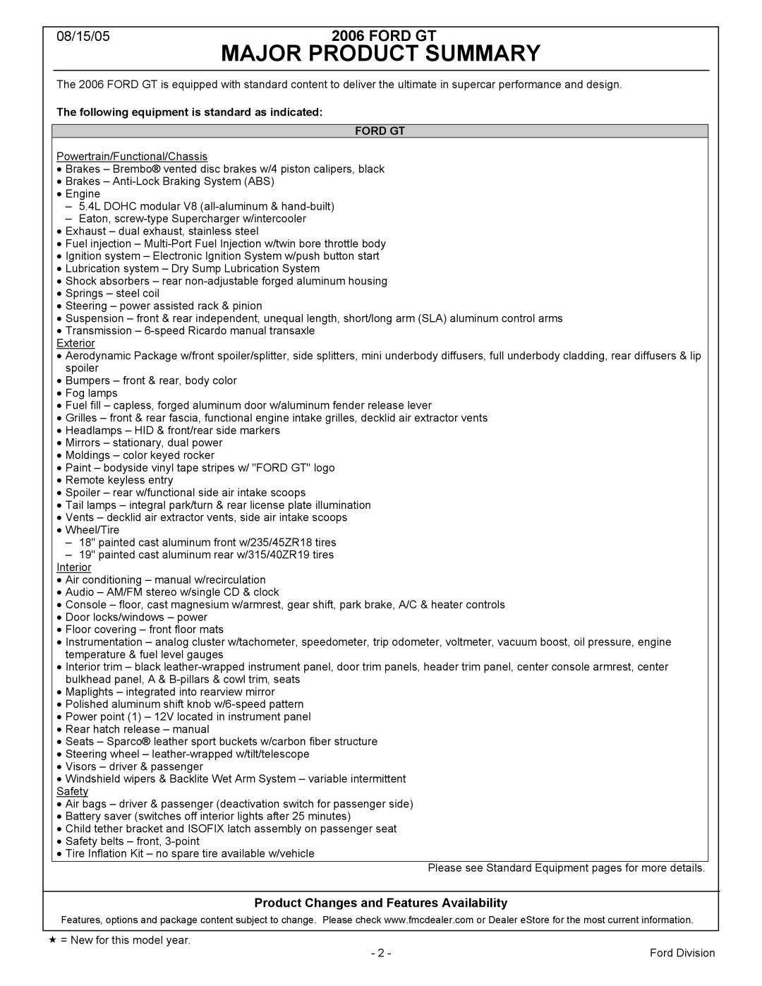 Ford 2006MY manual Major Product Summary, Ford GT 