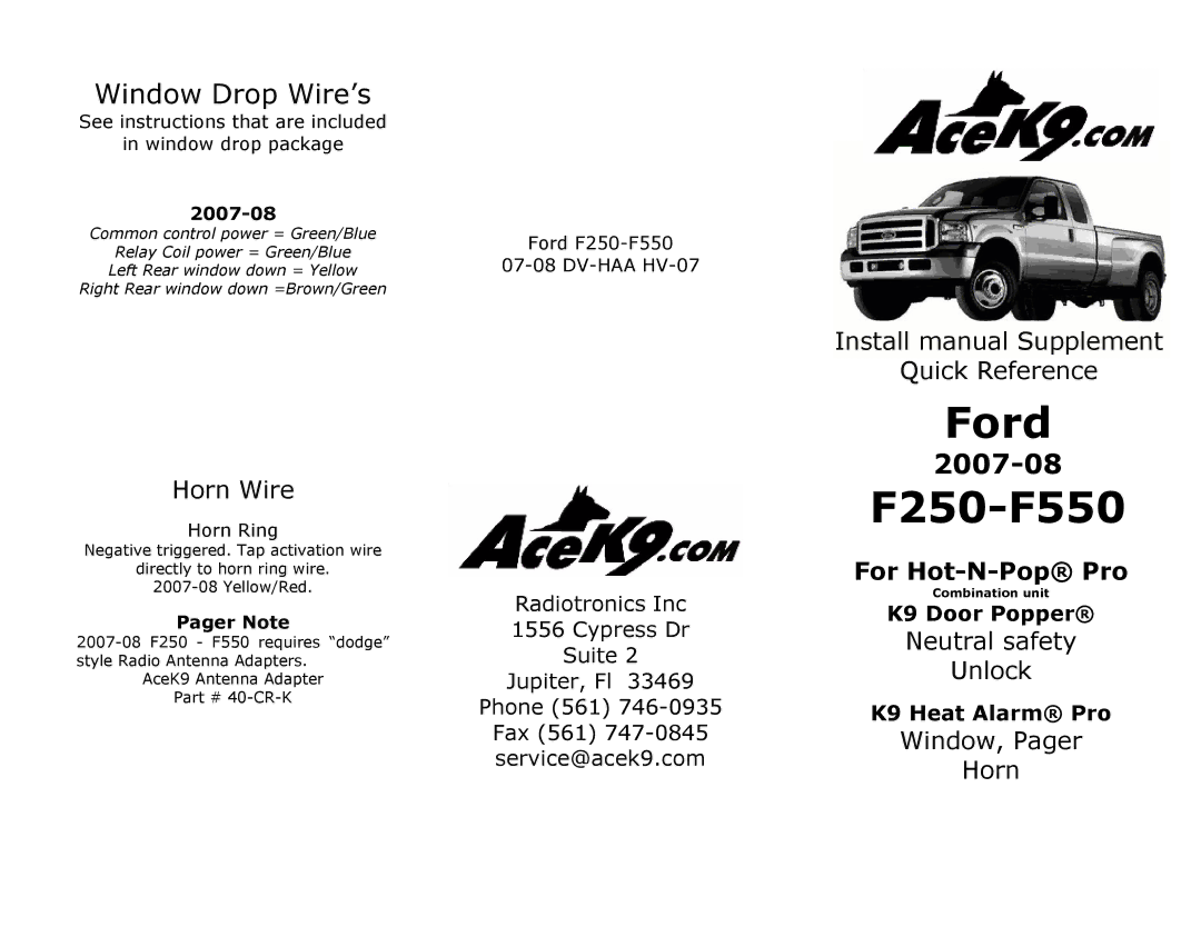 Ford 40-CR-K install manual Ford, F250-F550, Window Drop Wire’s 