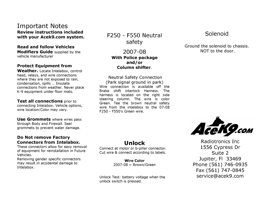 Ford 40-CR-K install manual Important Notes, F250 F550 Neutral Safety 2007-08, Solenoid 