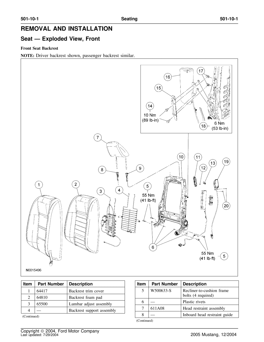 Ford 501-10-1 manual Removal and Installation 