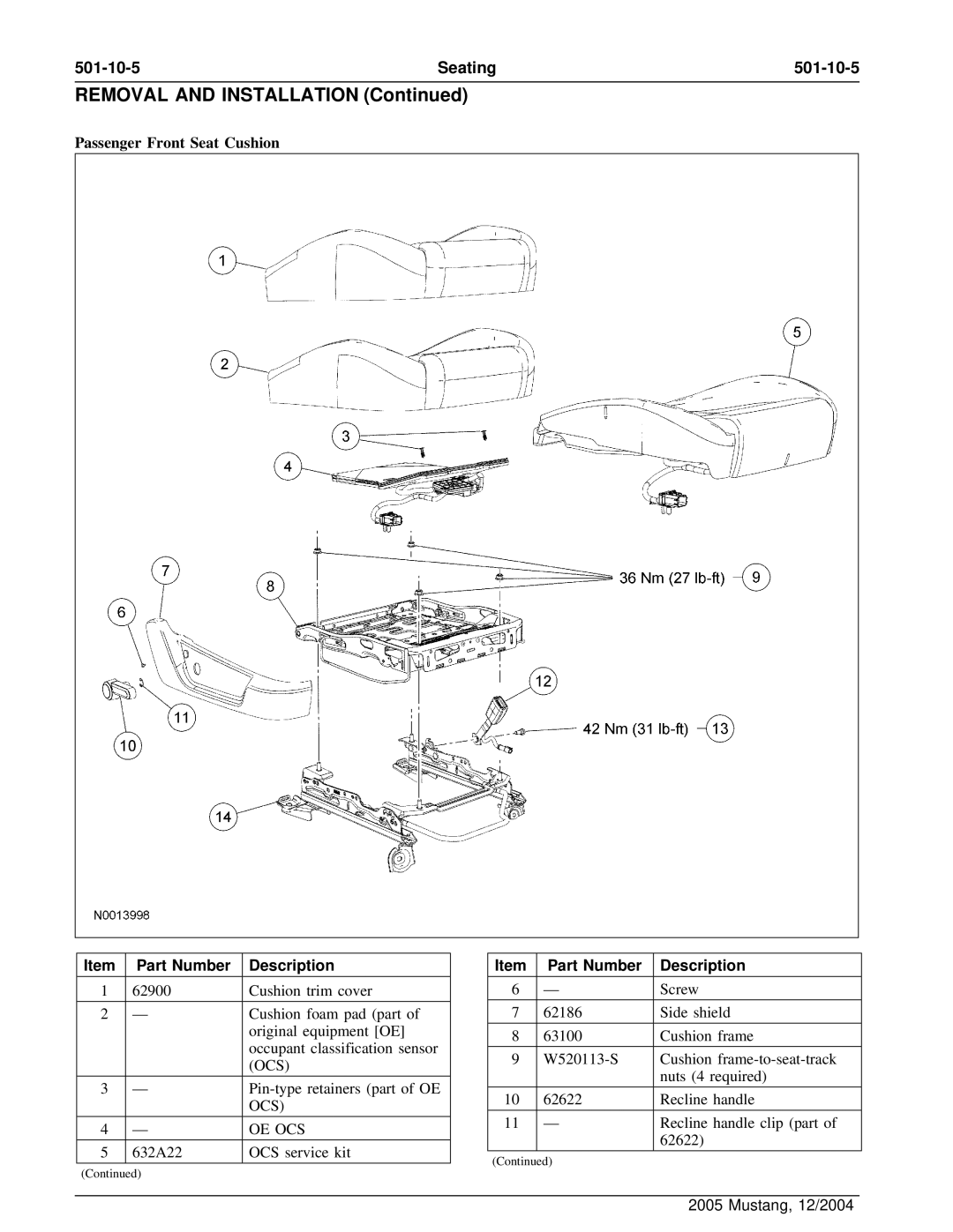 Ford 501-10-1 manual Seating 501-10-5 