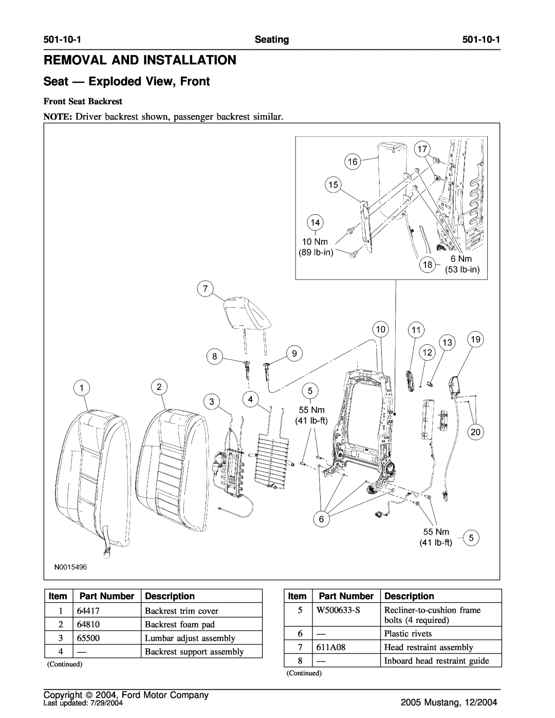 Ford 501-10-1 manual NOTE Driver backrest shown, passenger backrest similar, Seating, Front Seat Backrest, Part Number 