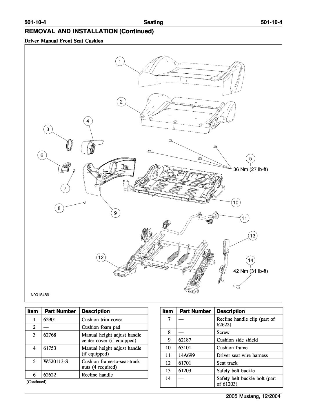 Ford 501-10-1 manual 501-10-4, Driver Manual Front Seat Cushion, REMOVAL AND INSTALLATION Continued, Seating, Part Number 