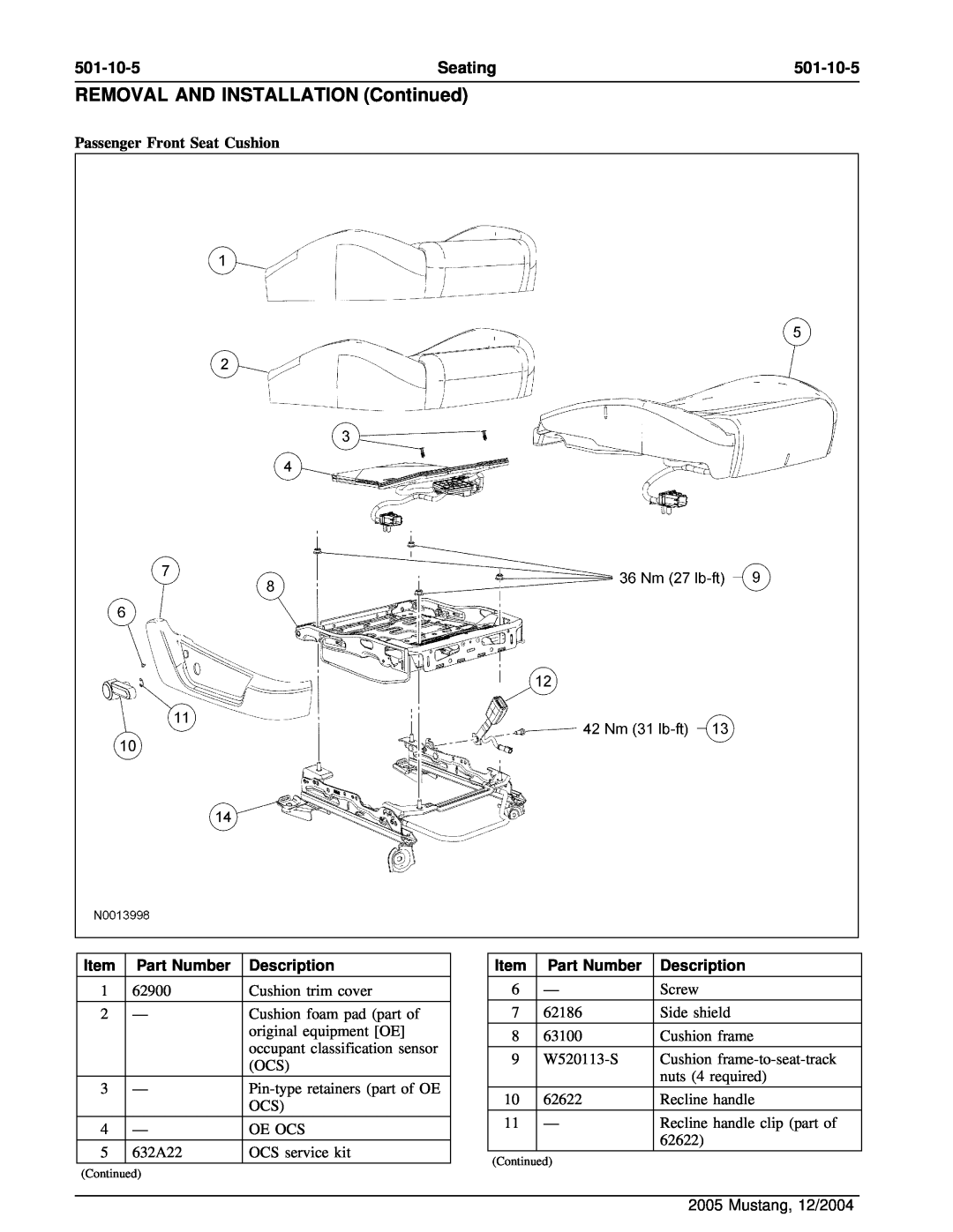 Ford 501-10-1 manual 501-10-5, Passenger Front Seat Cushion, REMOVAL AND INSTALLATION Continued, Seating, Part Number 