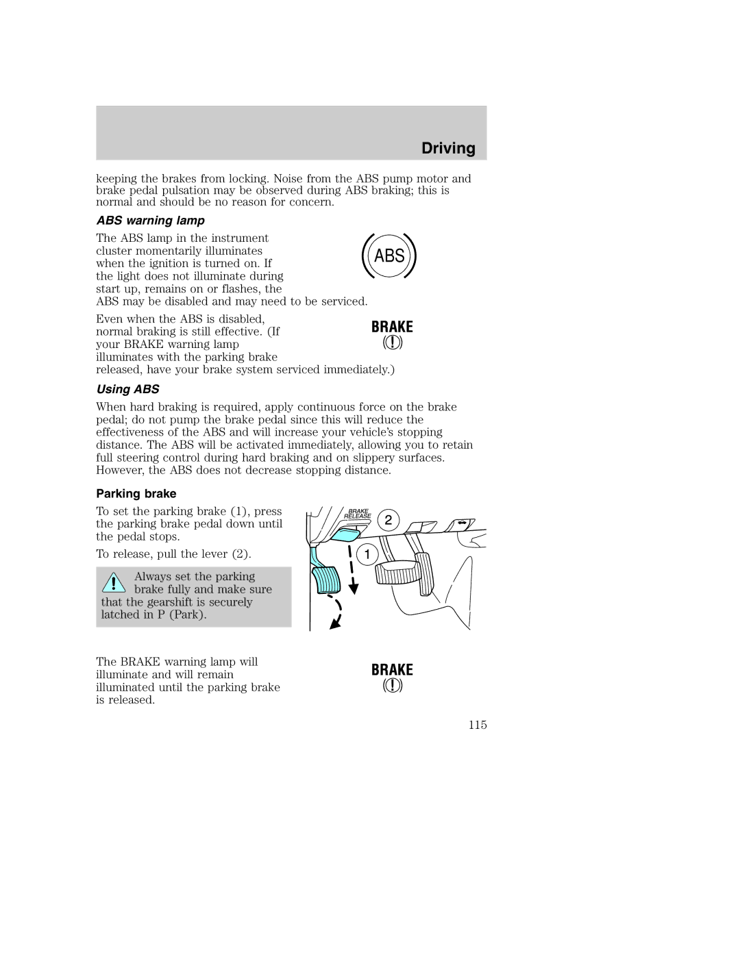 Ford AM/FM stereo manual ABS warning lamp, Using ABS, Parking brake 