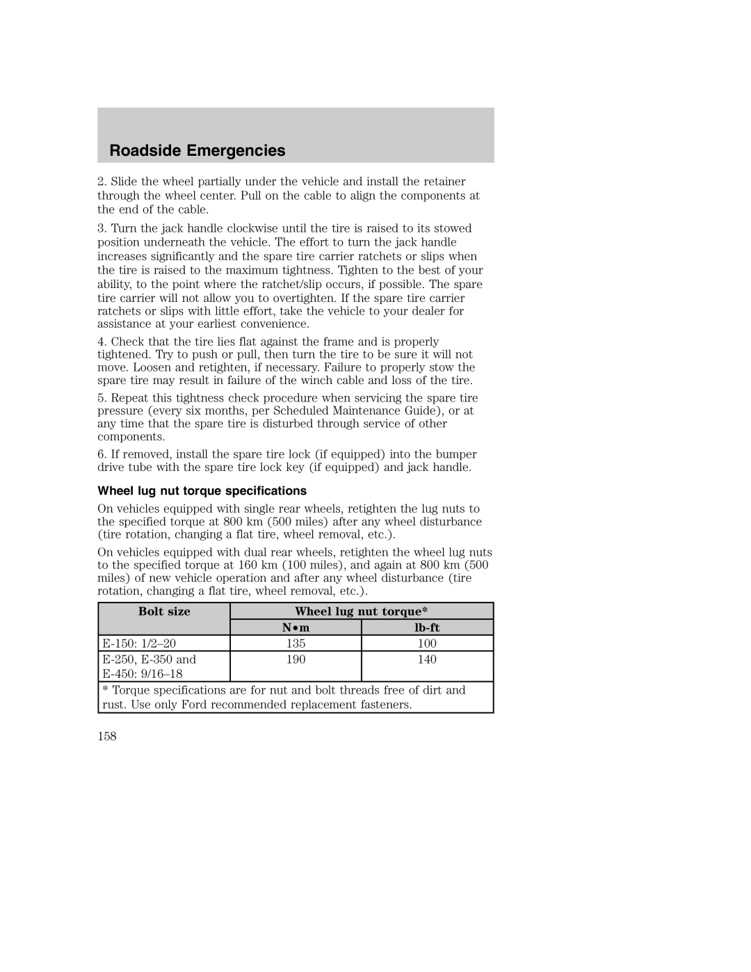 Ford AM/FM stereo manual Wheel lug nut torque specifications, Bolt size Wheel lug nut torque 