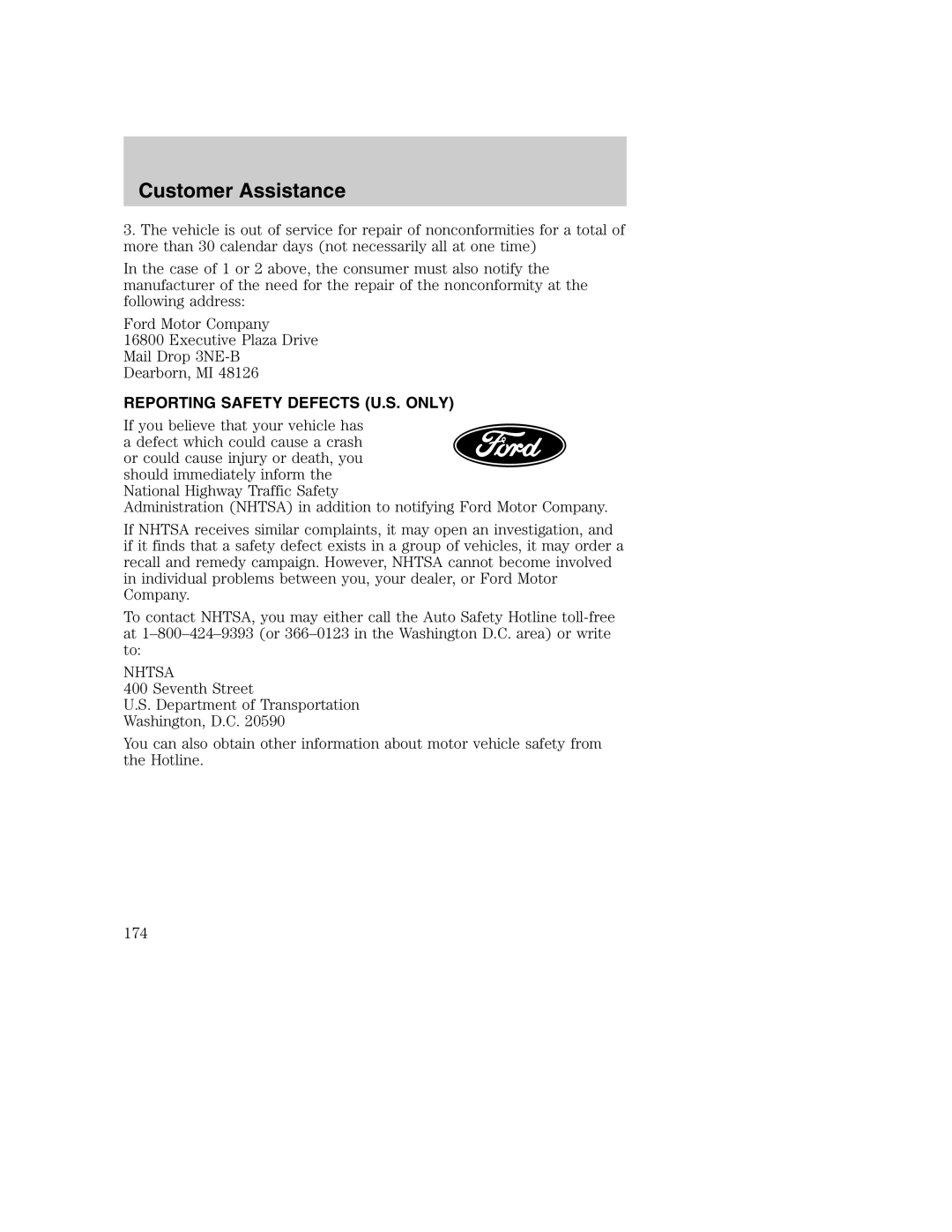 Ford AM/FM stereo manual Reporting Safety Defects U.S. only, Nhtsa 