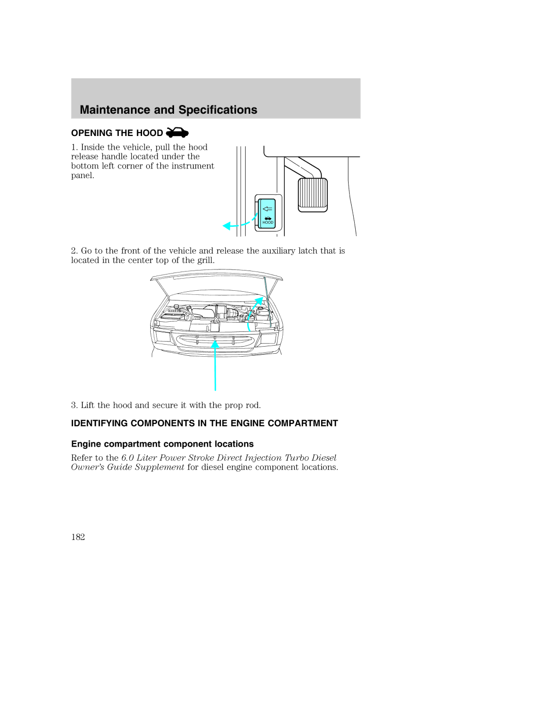 Ford AM/FM stereo manual Opening the Hood, Identifying Components in the Engine Compartment 