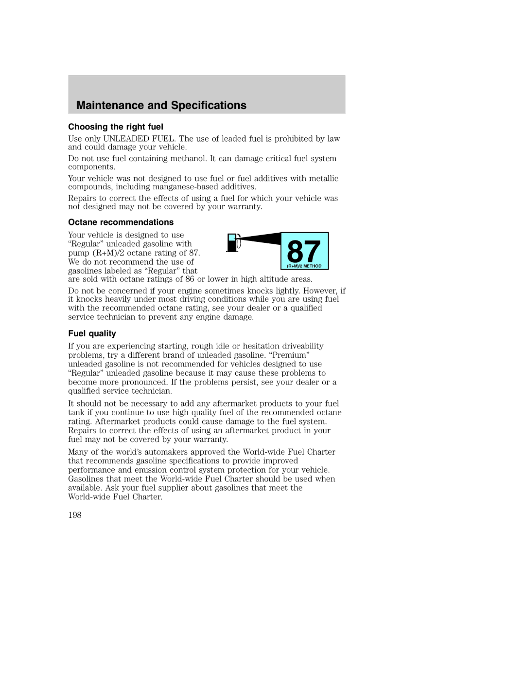 Ford AM/FM stereo manual Choosing the right fuel, Octane recommendations, Fuel quality 