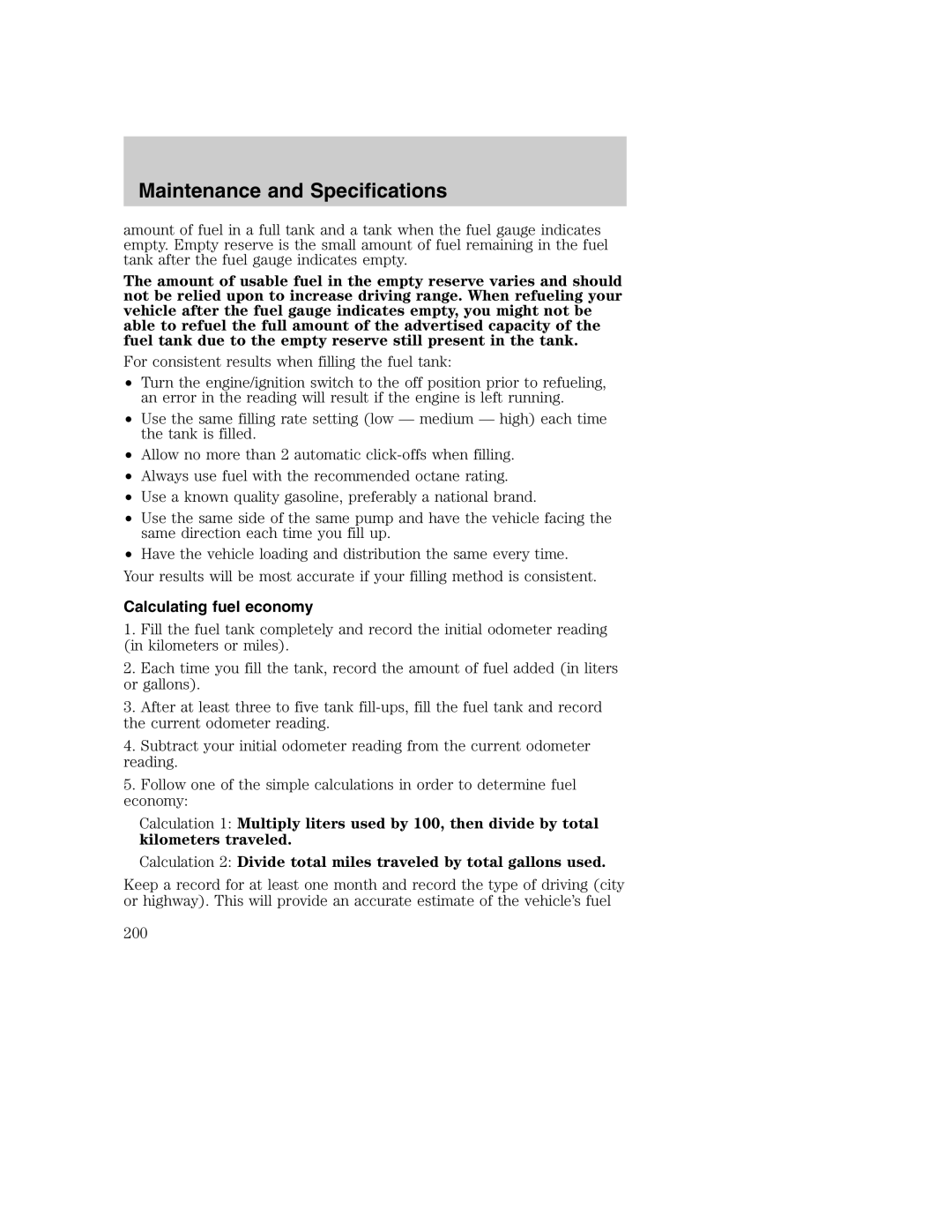 Ford AM/FM stereo manual For consistent results when filling the fuel tank, Calculating fuel economy 