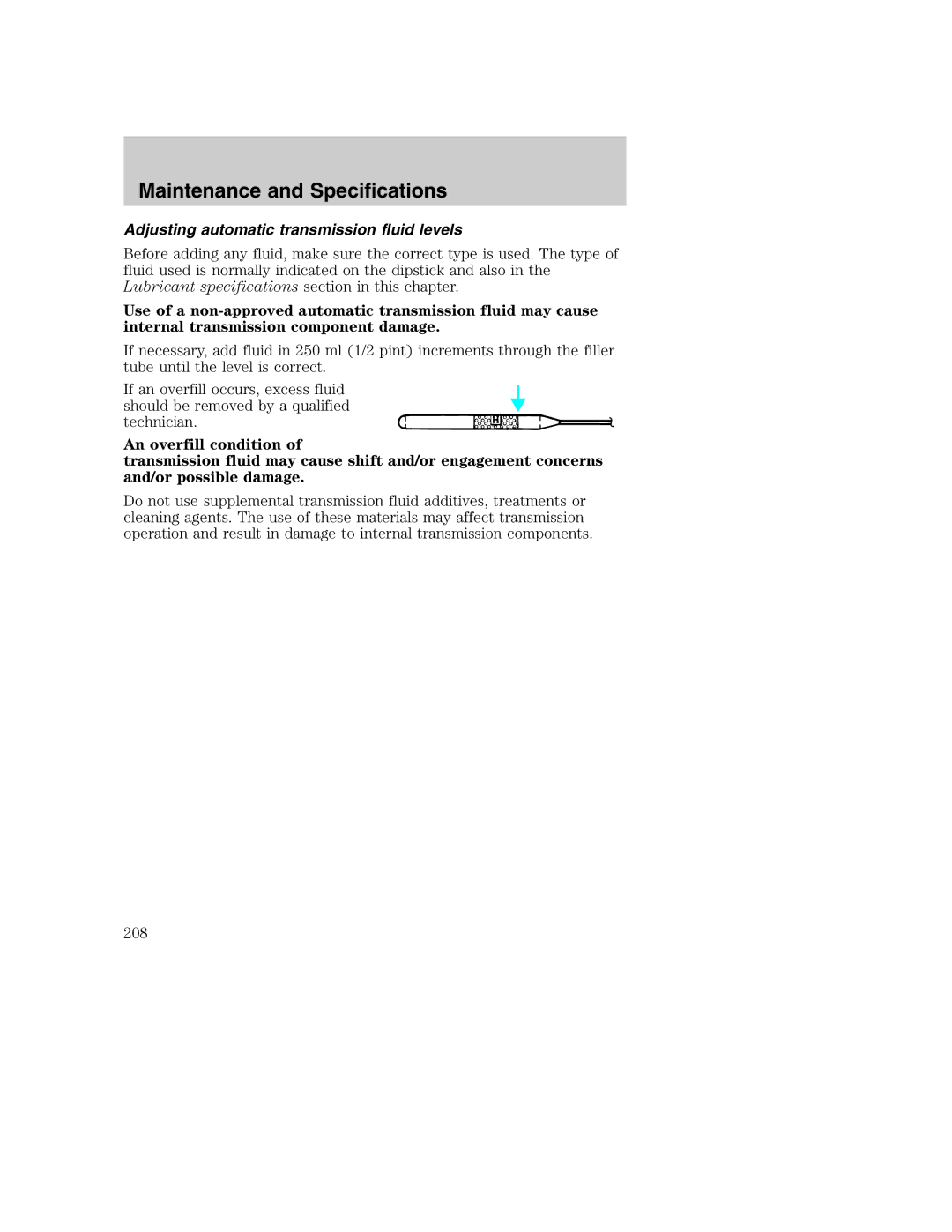 Ford AM/FM stereo manual Adjusting automatic transmission fluid levels 