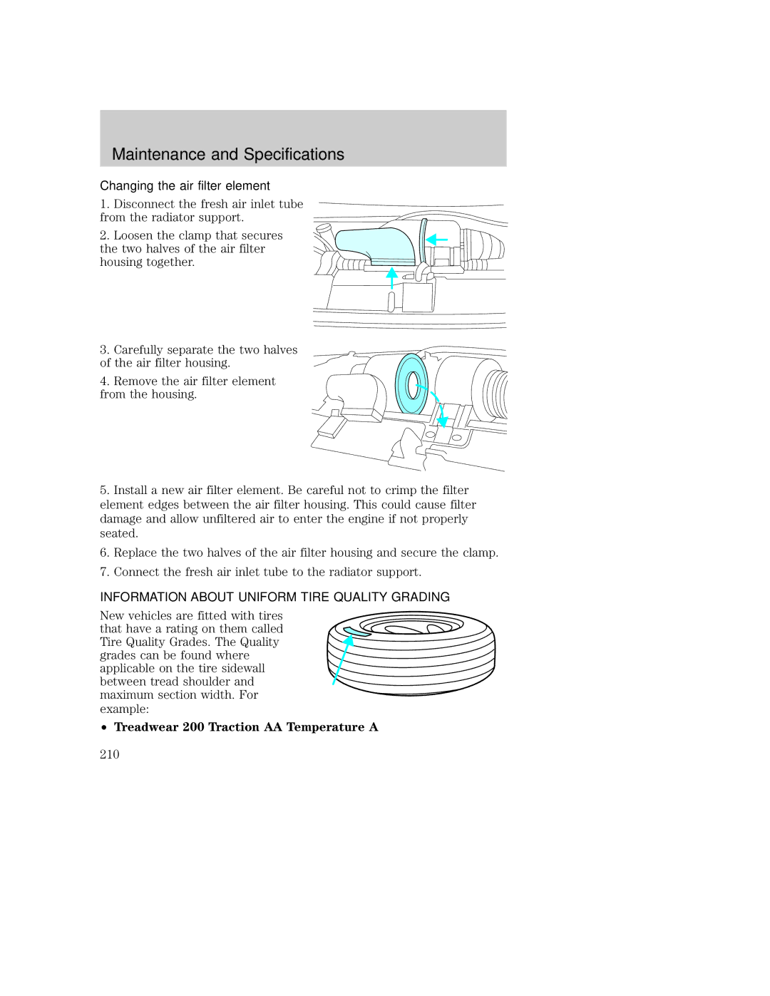 Ford AM/FM stereo manual Changing the air filter element, Information about Uniform Tire Quality Grading 