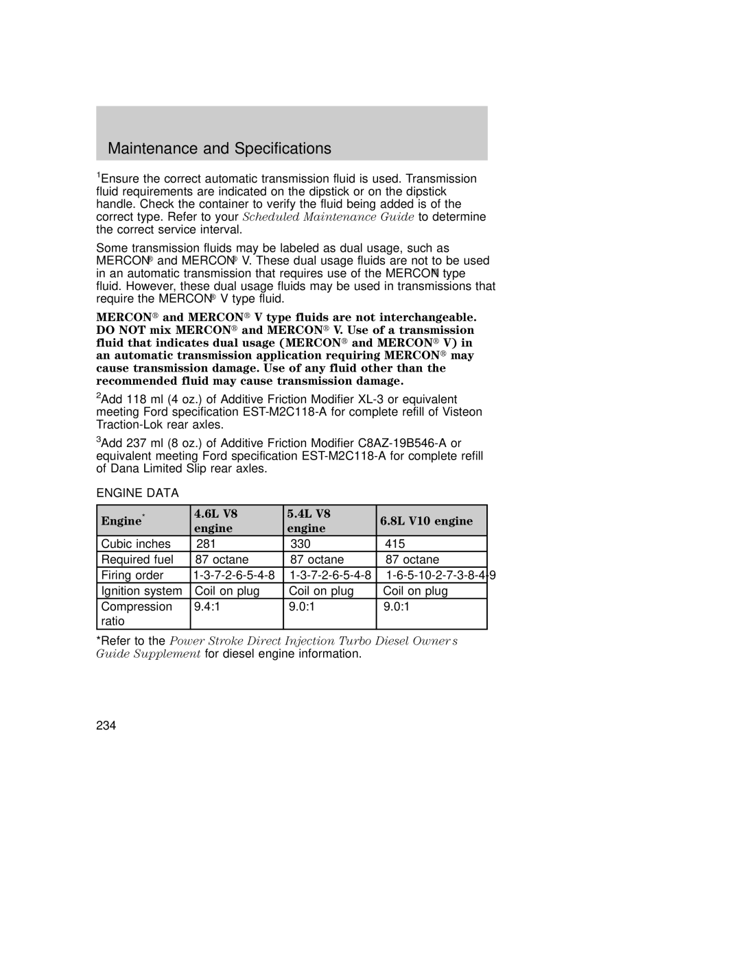 Ford AM/FM stereo manual Engine Data, Engine 8L V10 engine 