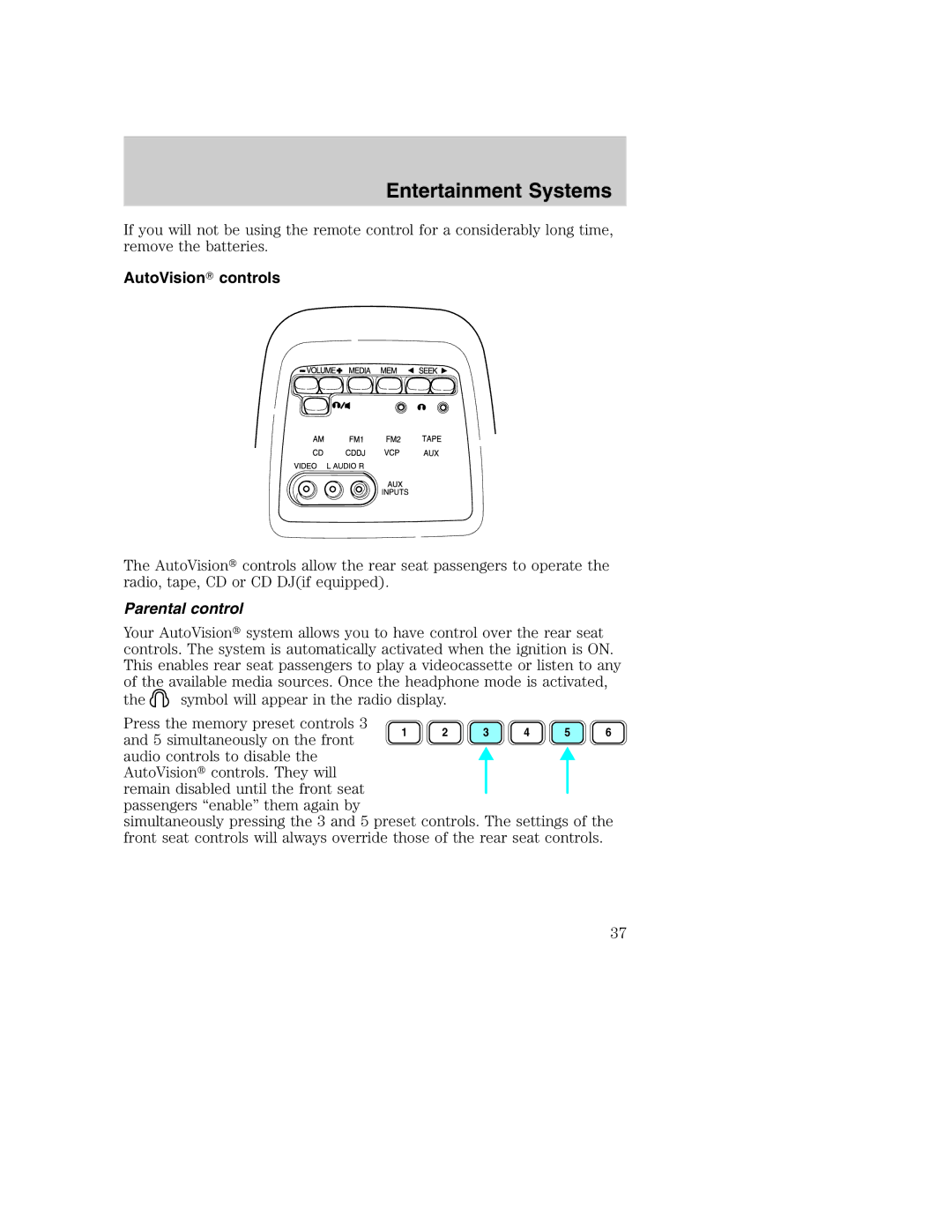 Ford AM/FM stereo manual AutoVision controls, Parental control 