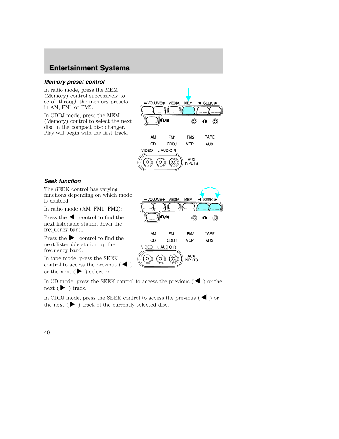 Ford AM/FM stereo manual Memory preset control, Seek function 