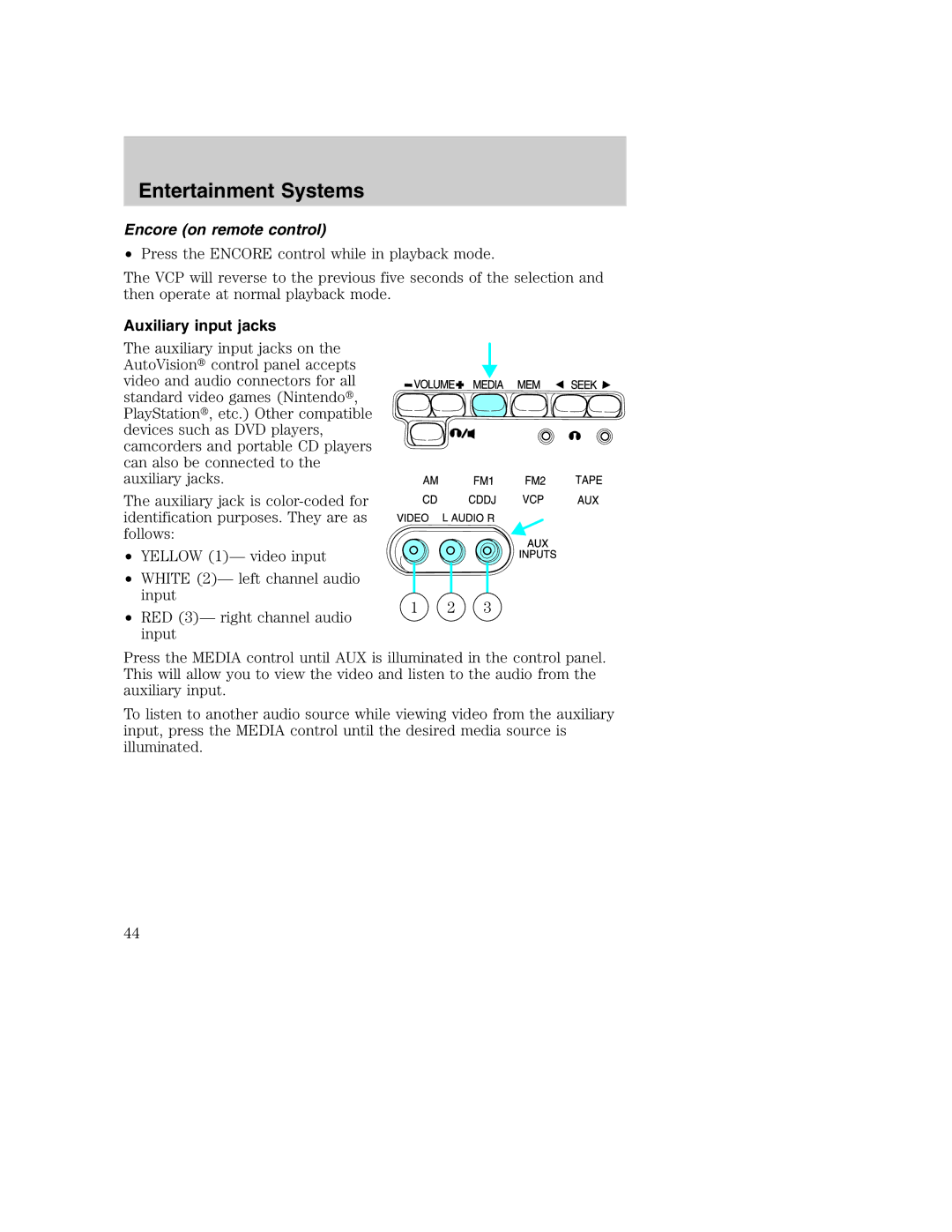 Ford AM/FM stereo manual Encore on remote control, Auxiliary input jacks 