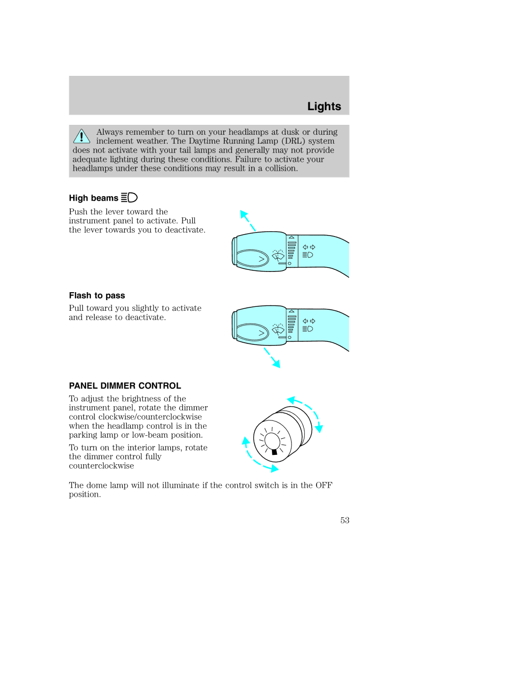 Ford AM/FM stereo manual High beams, Flash to pass, Panel Dimmer Control 