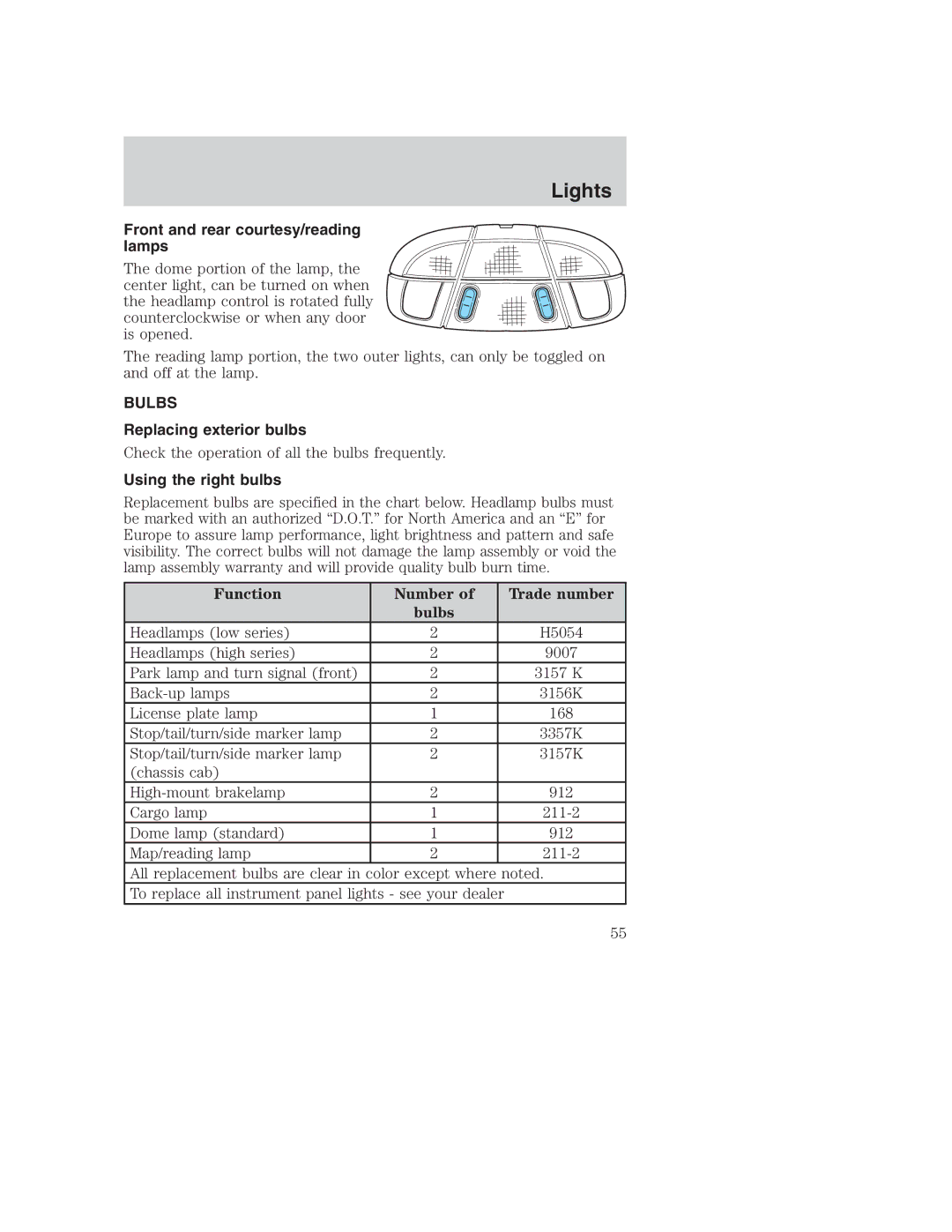 Ford AM/FM stereo manual Front and rear courtesy/reading lamps, Bulbs, Replacing exterior bulbs, Using the right bulbs 