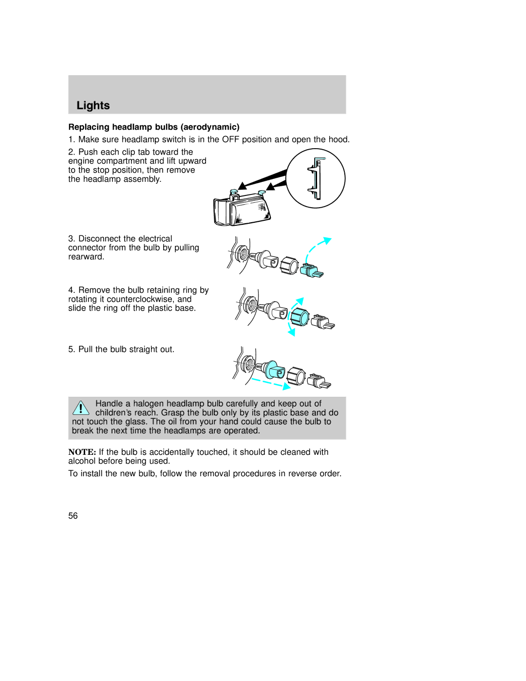 Ford AM/FM stereo manual Replacing headlamp bulbs aerodynamic 