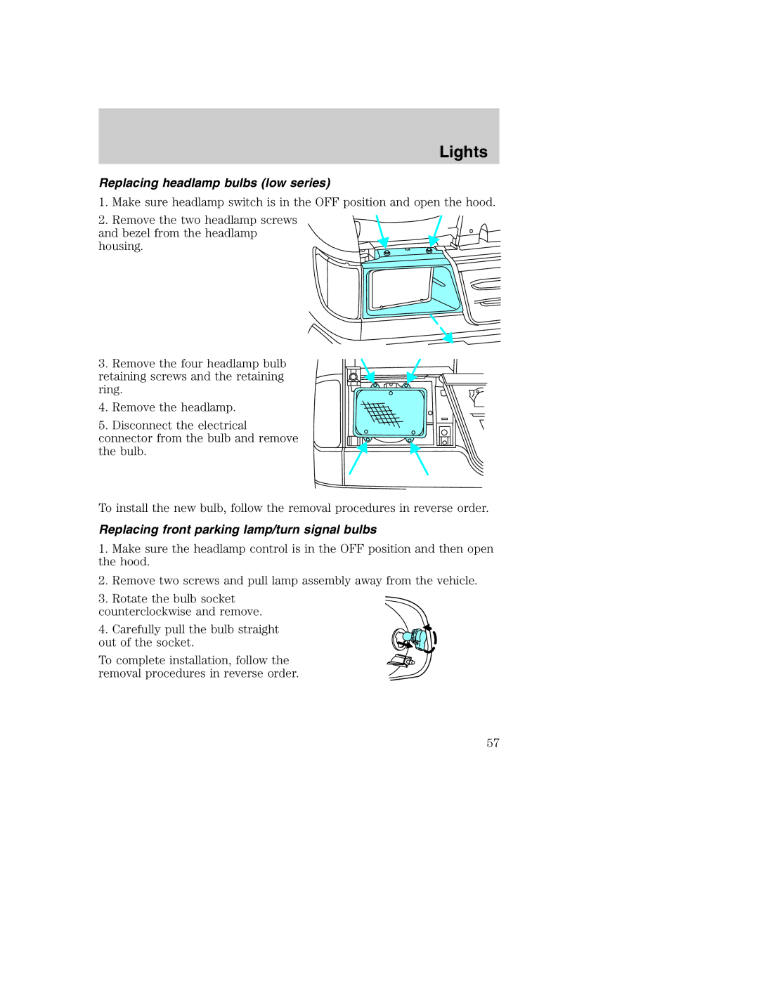 Ford AM/FM stereo manual Replacing headlamp bulbs low series, Replacing front parking lamp/turn signal bulbs 