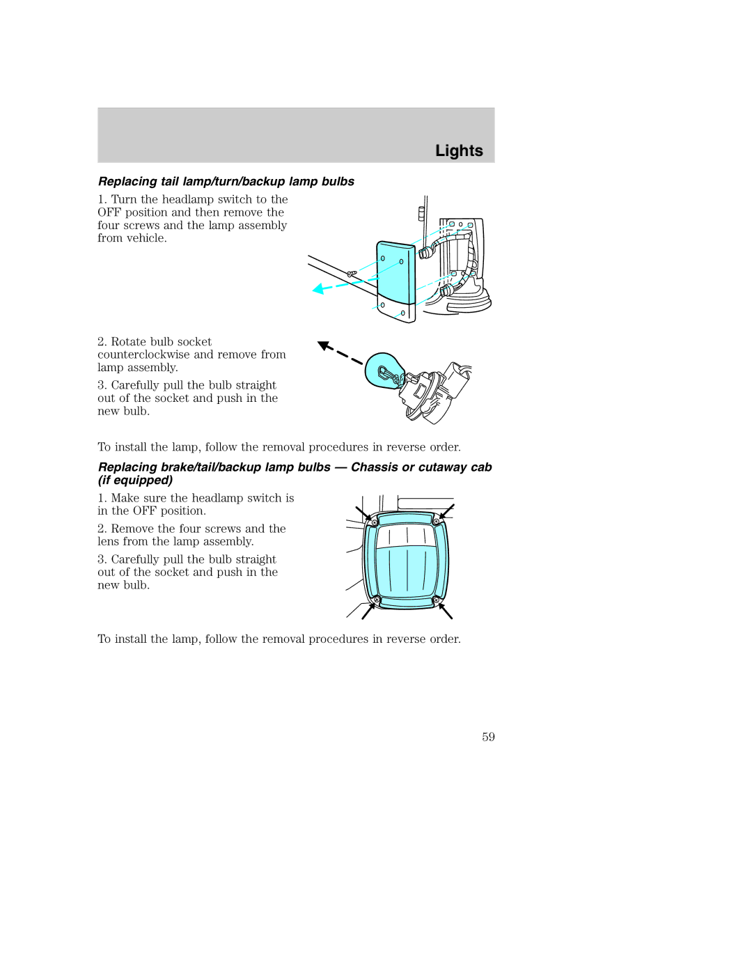 Ford AM/FM stereo manual Replacing tail lamp/turn/backup lamp bulbs 