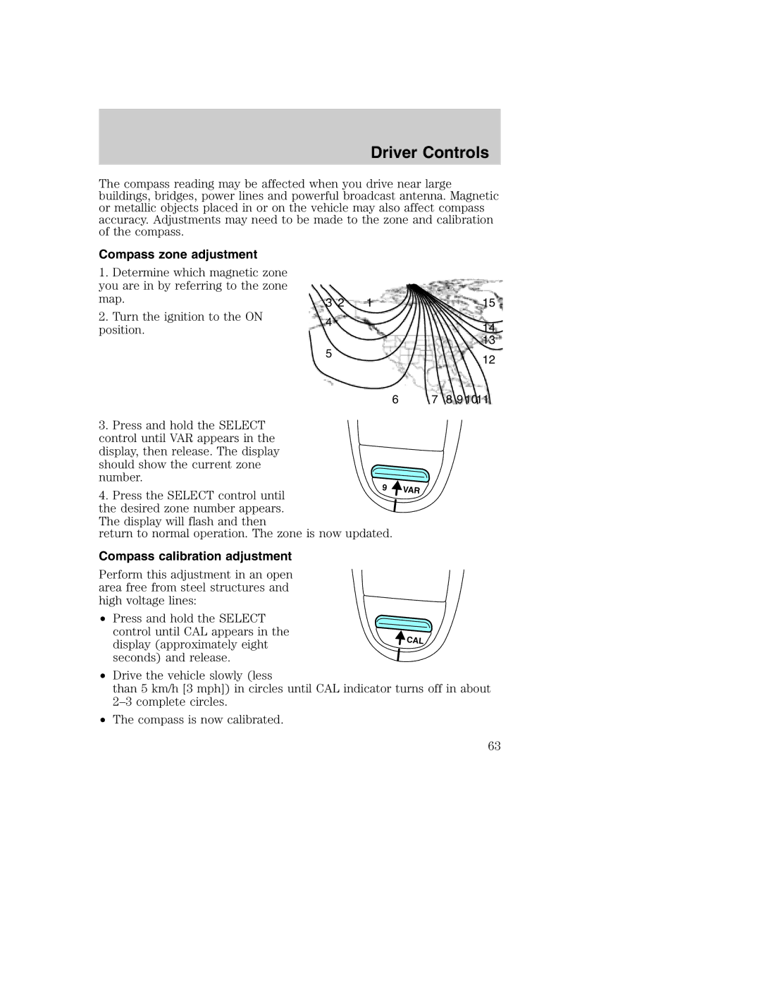 Ford AM/FM stereo manual Compass zone adjustment, Compass calibration adjustment 