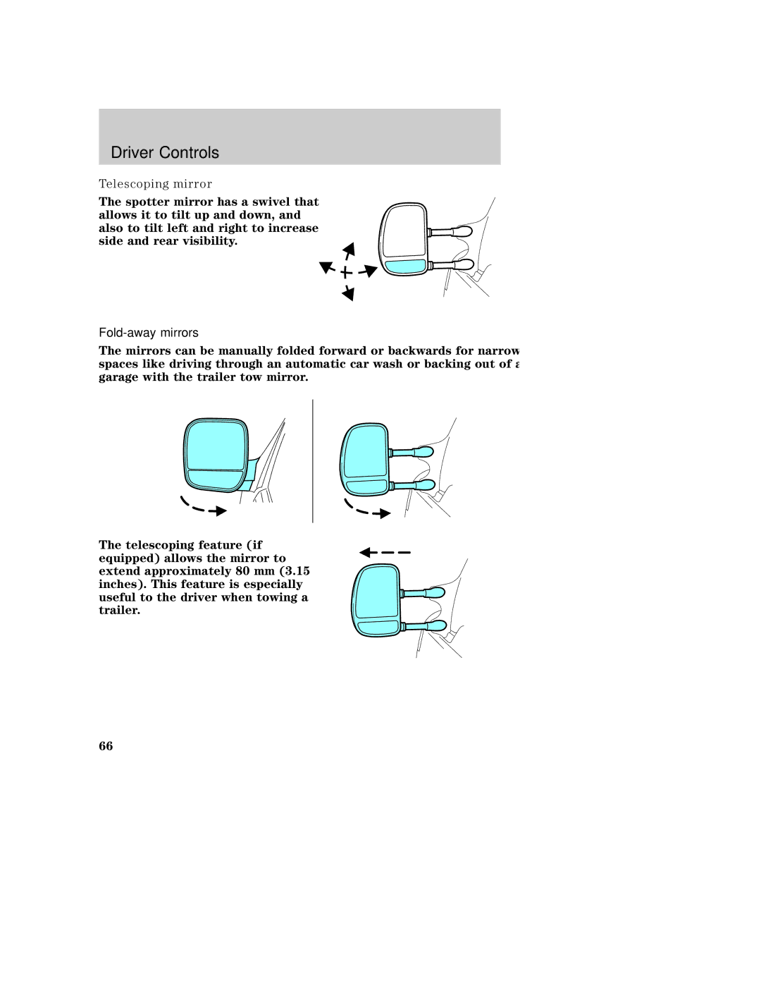 Ford AM/FM stereo manual Telescoping mirror, Fold-away mirrors 