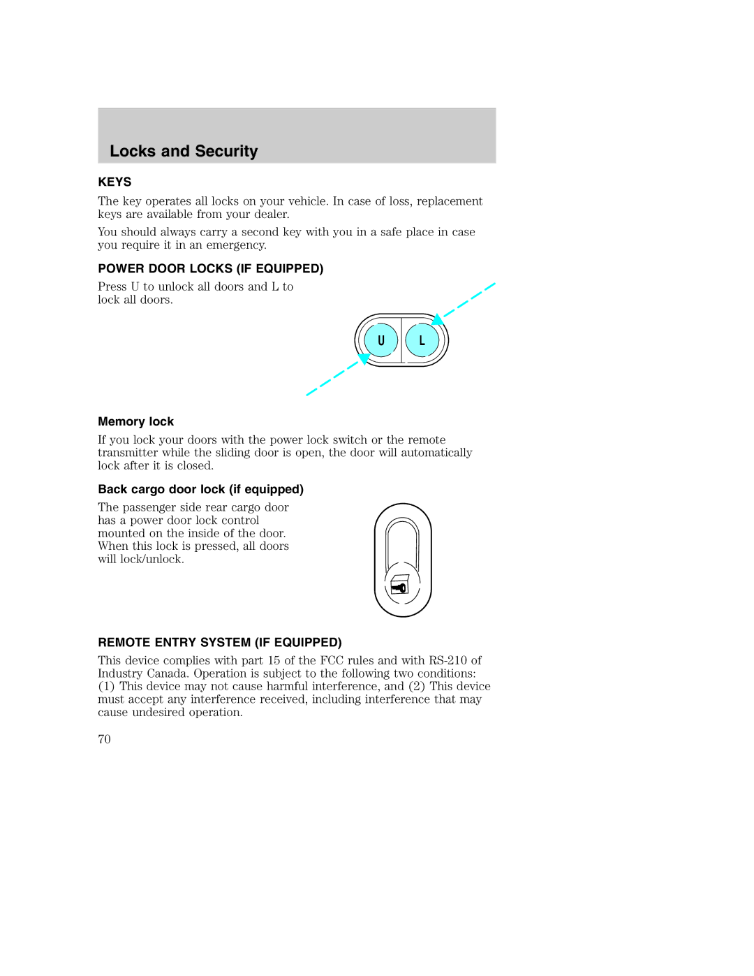 Ford AM/FM stereo manual Locks and Security, Keys, Power Door Locks if Equipped, Remote Entry System if Equipped 