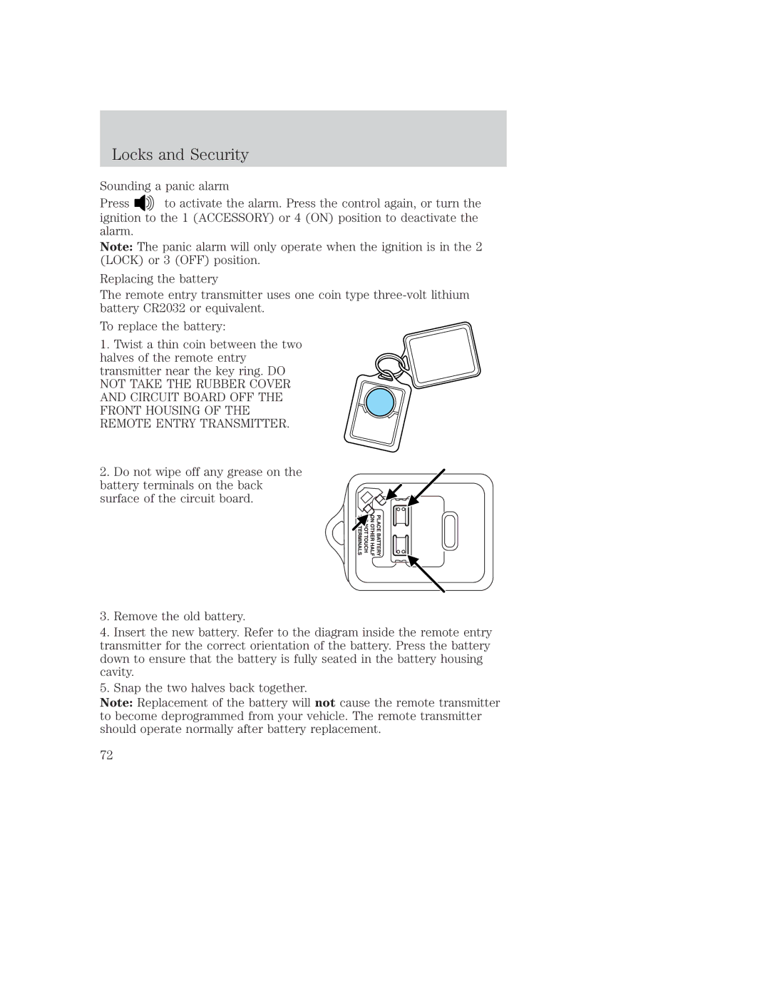 Ford AM/FM stereo manual Sounding a panic alarm, Replacing the battery 