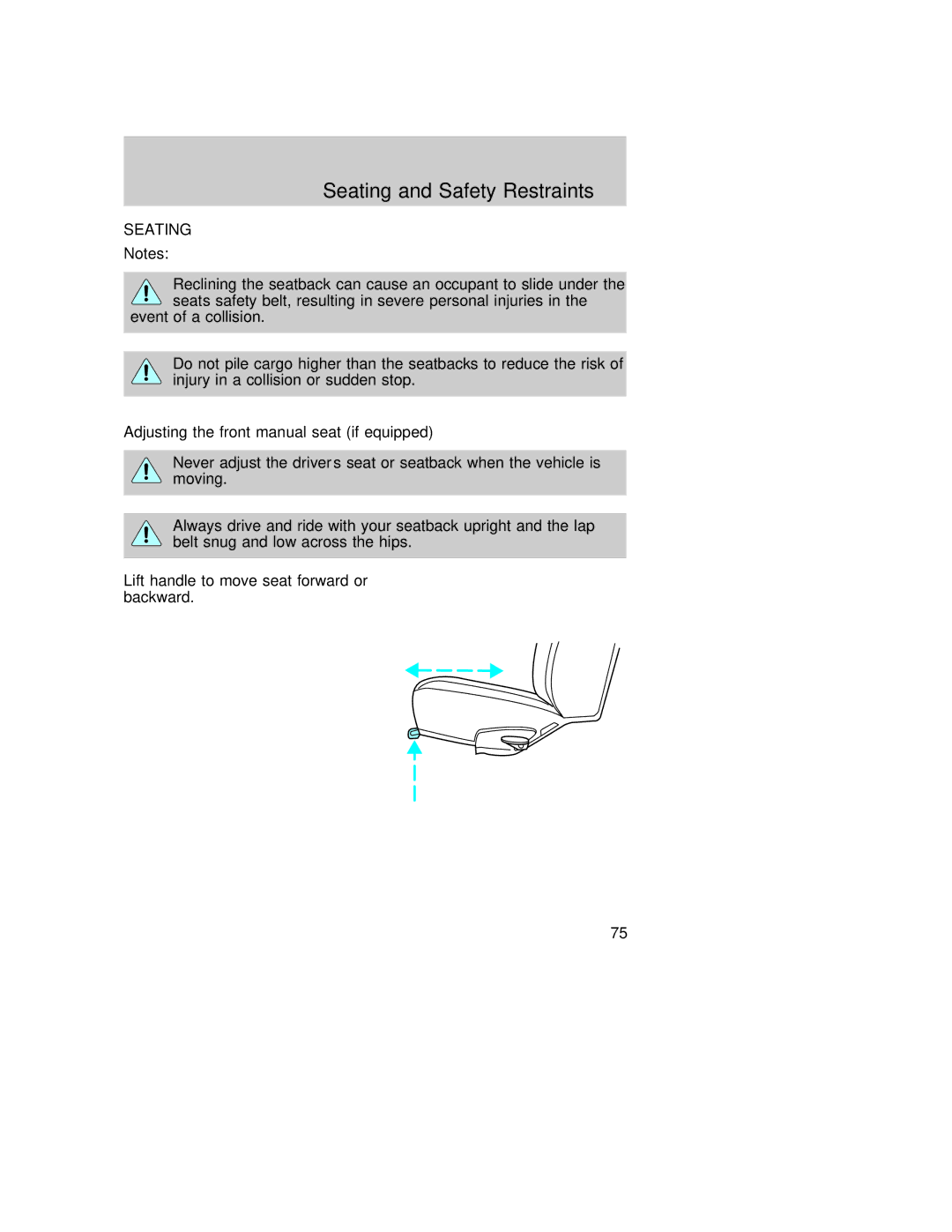 Ford AM/FM stereo Seating and Safety Restraints, Adjusting the front manual seat if equipped 