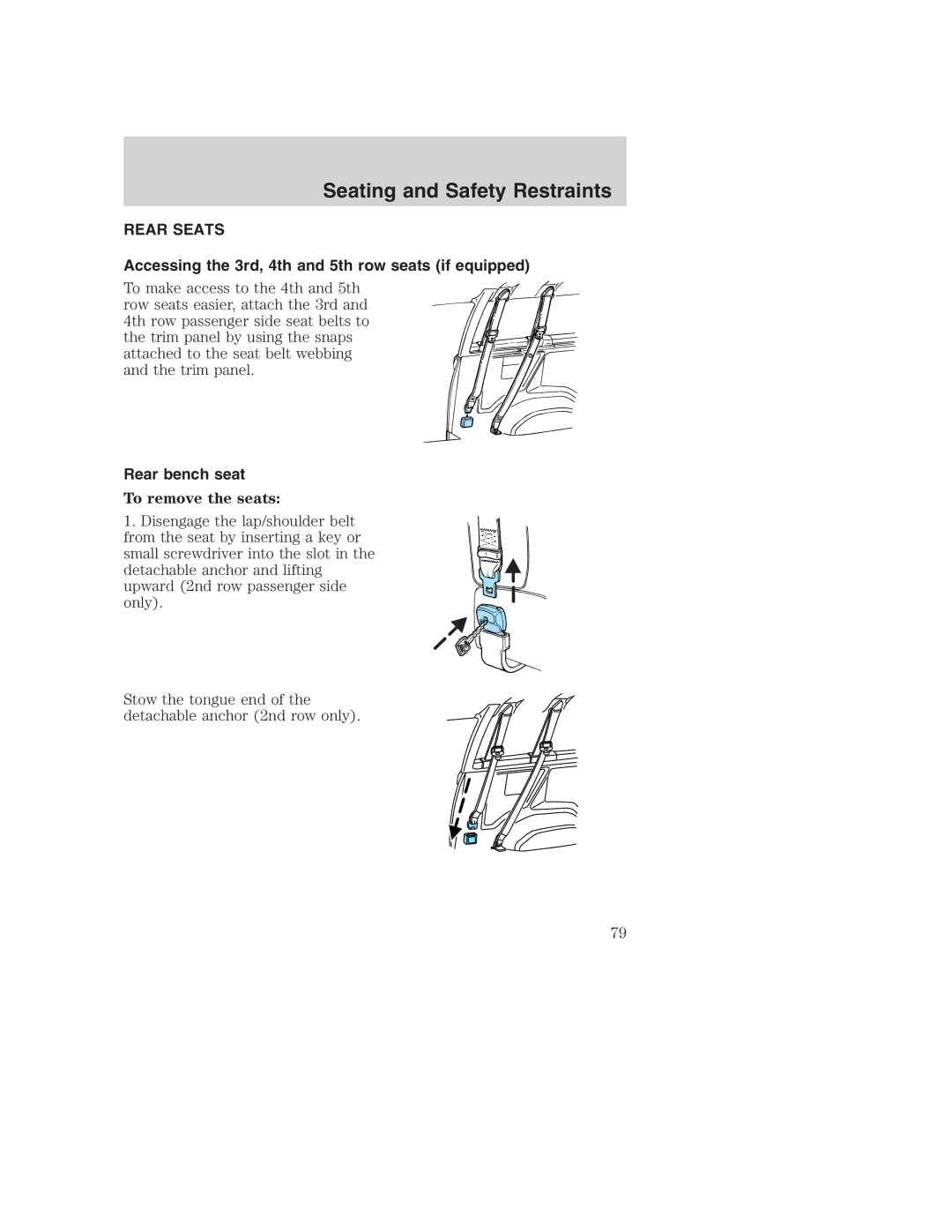 Ford AM/FM stereo Rear Seats, Accessing the 3rd, 4th and 5th row seats if equipped, Rear bench seat, To remove the seats 