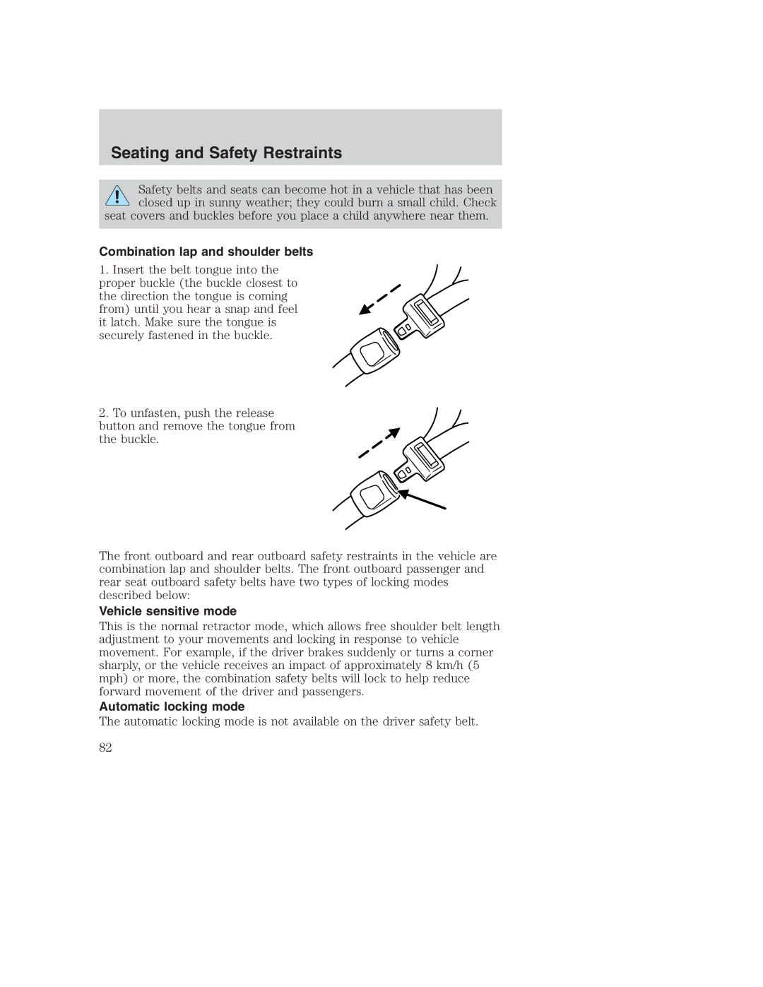 Ford AM/FM stereo manual Combination lap and shoulder belts, Vehicle sensitive mode, Automatic locking mode 