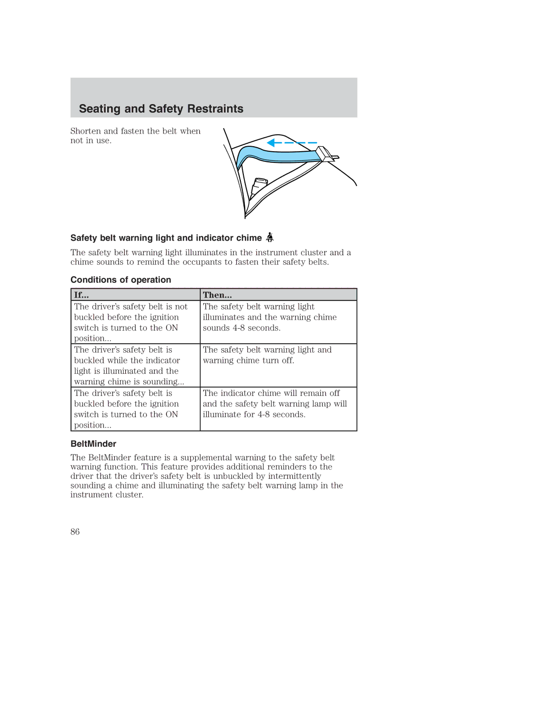 Ford AM/FM stereo manual Safety belt warning light and indicator chime, Conditions of operation, Then, BeltMinder 