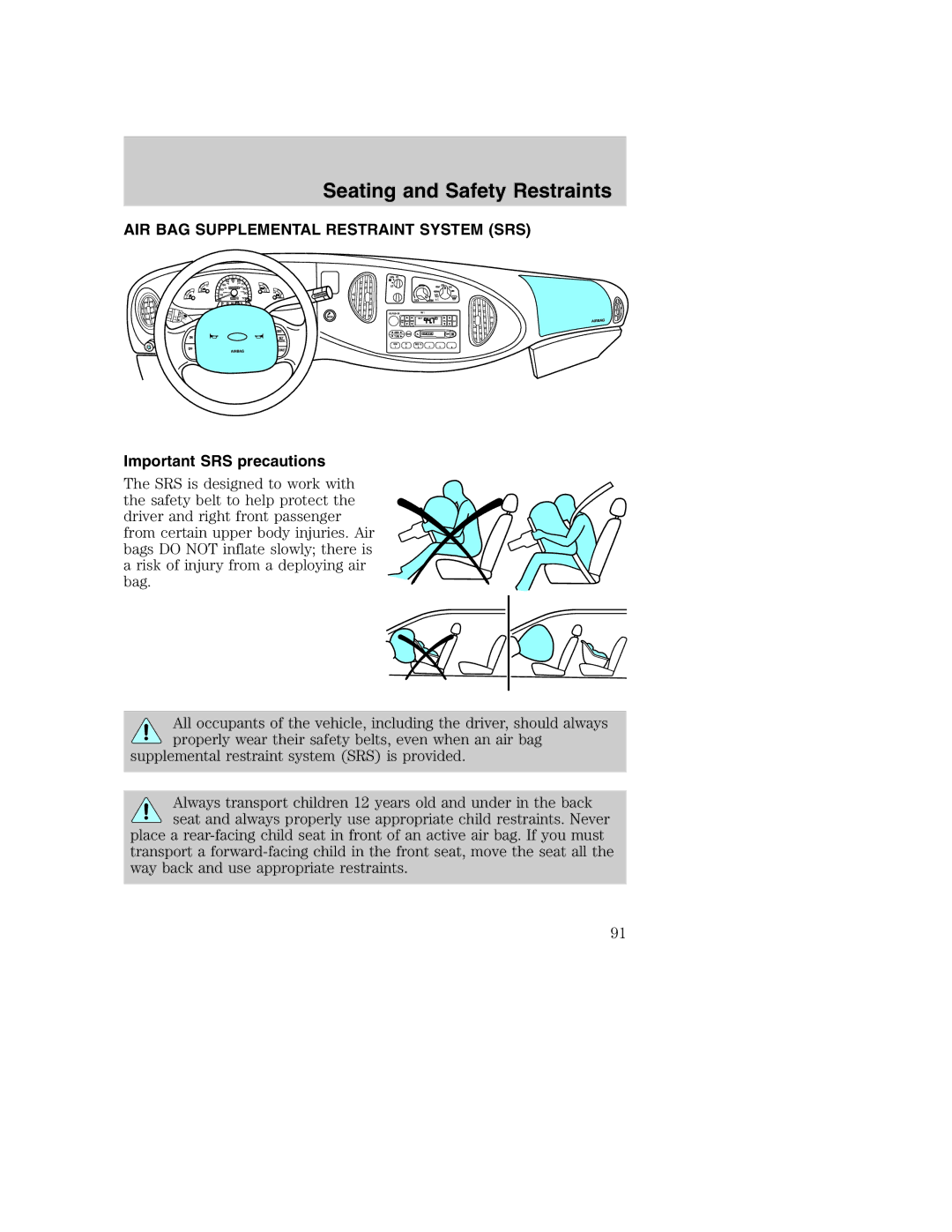 Ford AM/FM stereo manual AIR BAG Supplemental Restraint System SRS, Important SRS precautions 