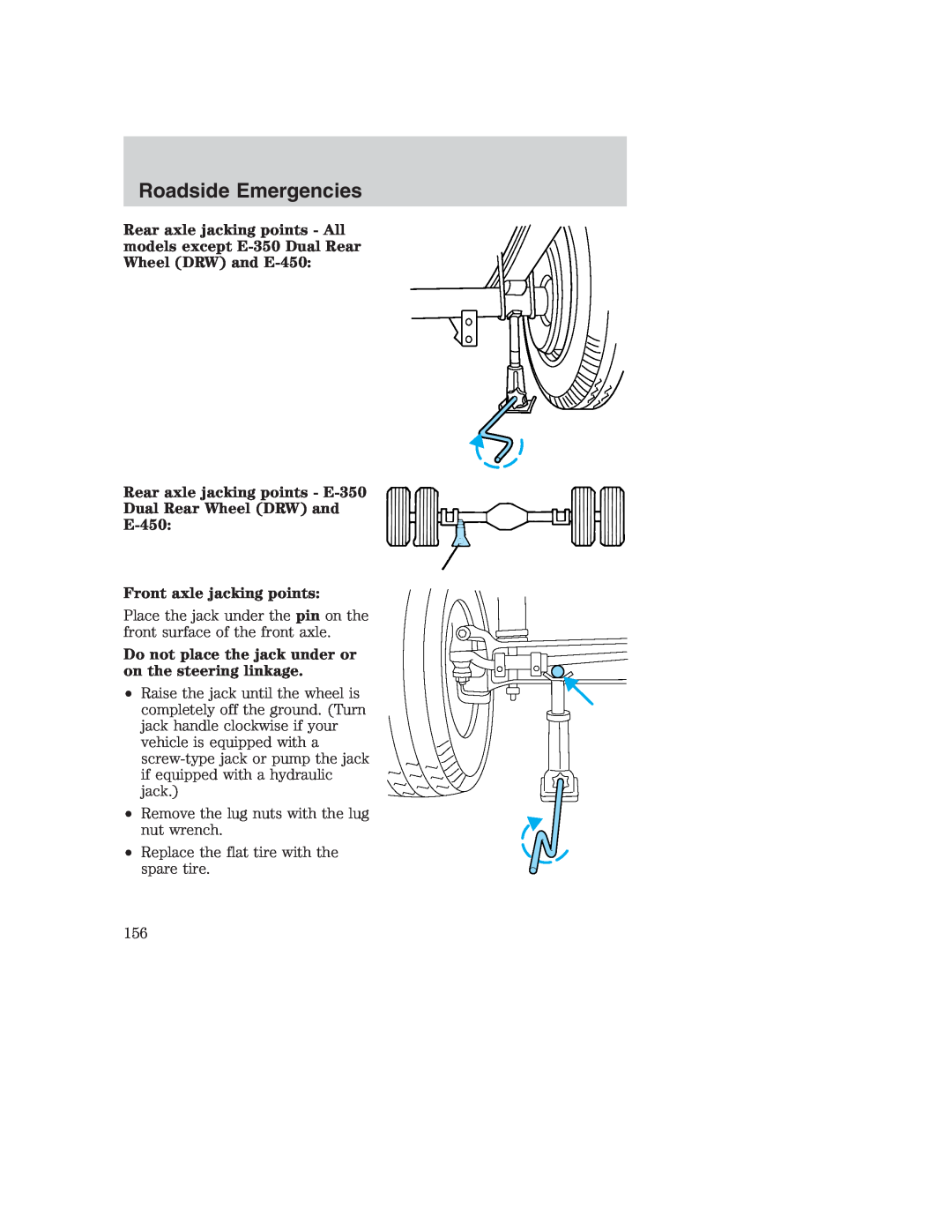 Ford AM/FM stereo manual Rear axle jacking points - E-350 Dual Rear Wheel DRW and E-450, Front axle jacking points 