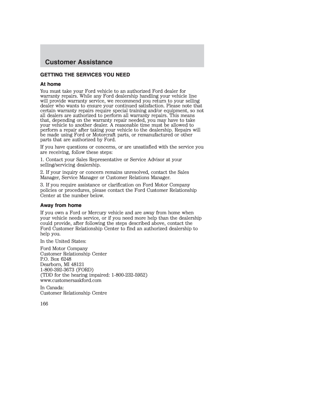 Ford AM/FM stereo manual Customer Assistance, GETTING THE SERVICES YOU NEED At home, Away from home 