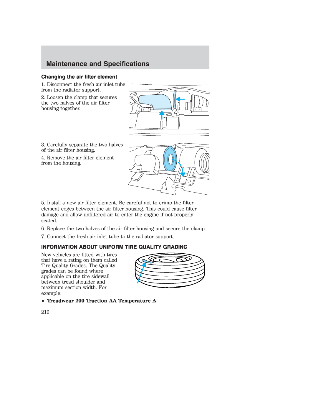 Ford AM/FM stereo manual Changing the air filter element, Information About Uniform Tire Quality Grading 