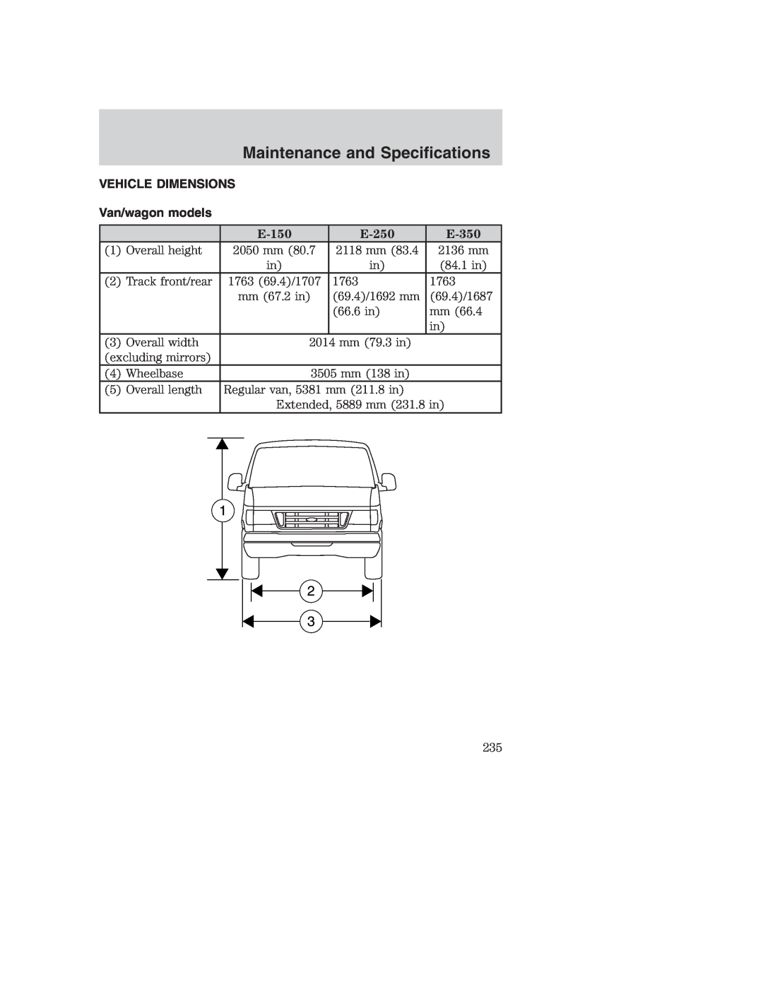 Ford AM/FM stereo manual VEHICLE DIMENSIONS Van/wagon models, E-150, E-250, E-350, Maintenance and Specifications 
