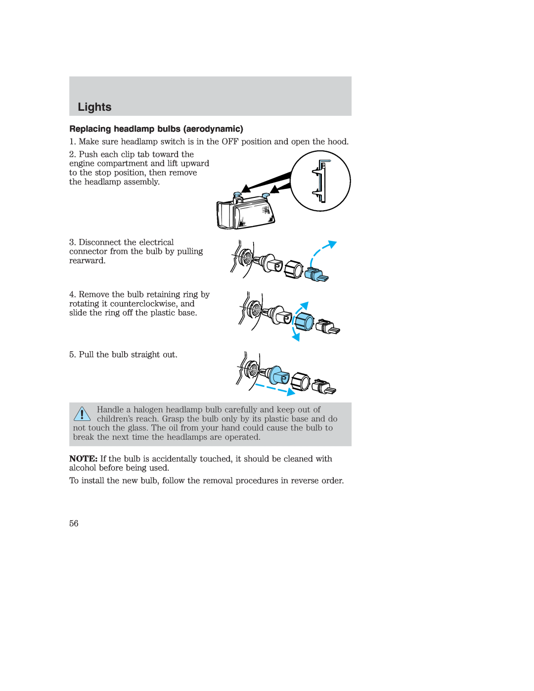Ford AM/FM stereo manual Replacing headlamp bulbs aerodynamic, Lights 