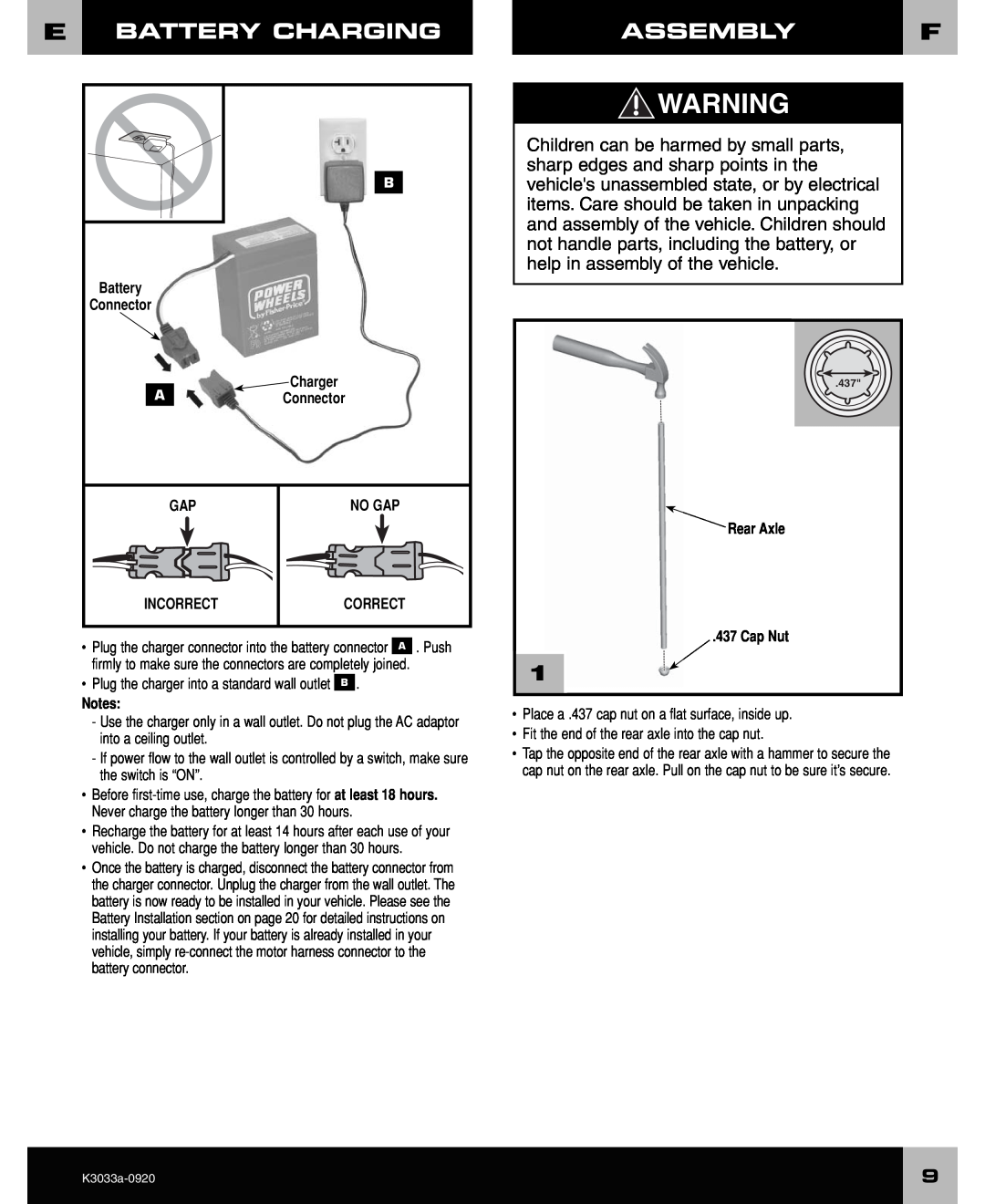 Ford F-150 owner manual Assembly, Battery Charging, Rear Axle 437 Cap Nut, No Gap, Incorrect, Correct, K3033a-0920 