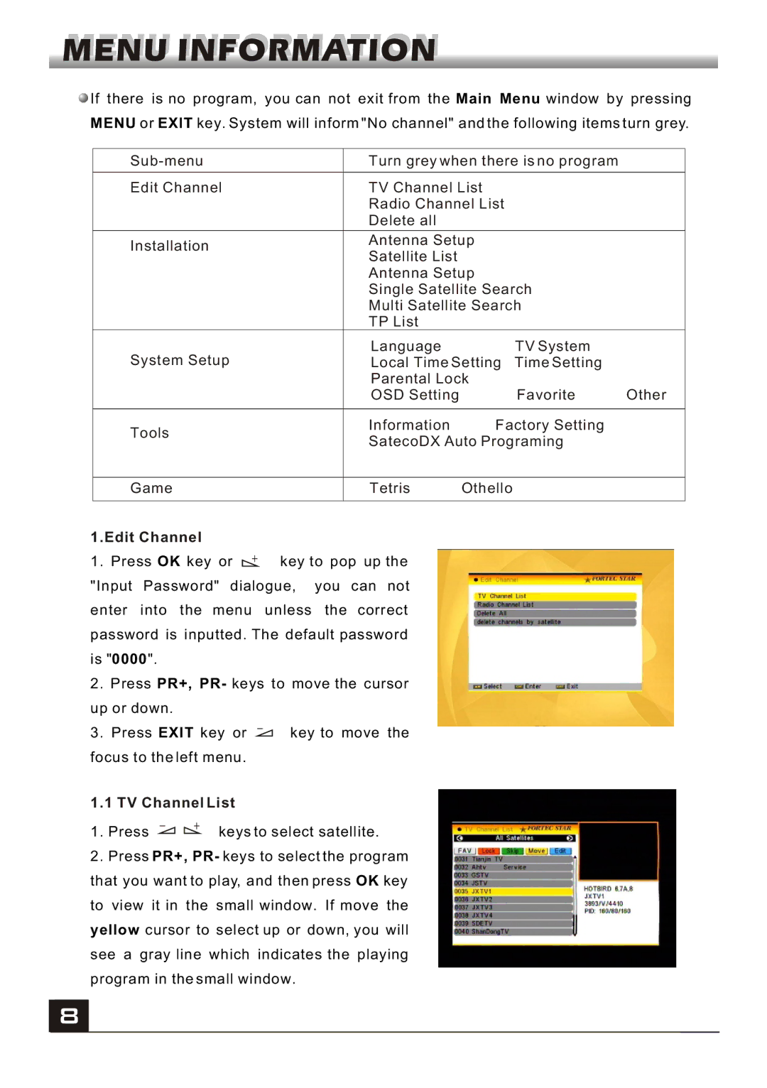 Fortec FS-4000v2 manual Edit Channel, TV Channel List 