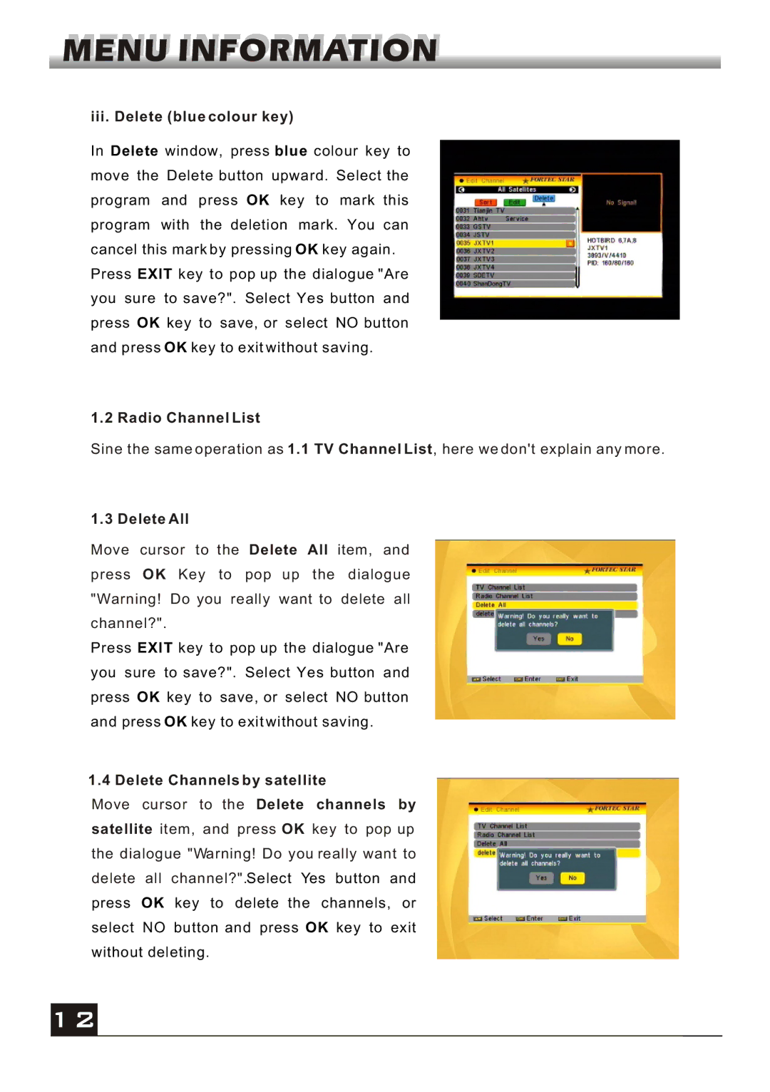 Fortec FS-4000v2 manual Iii. Delete blue colour key, Radio Channel List, Delete All, Delete Channels by satellite 