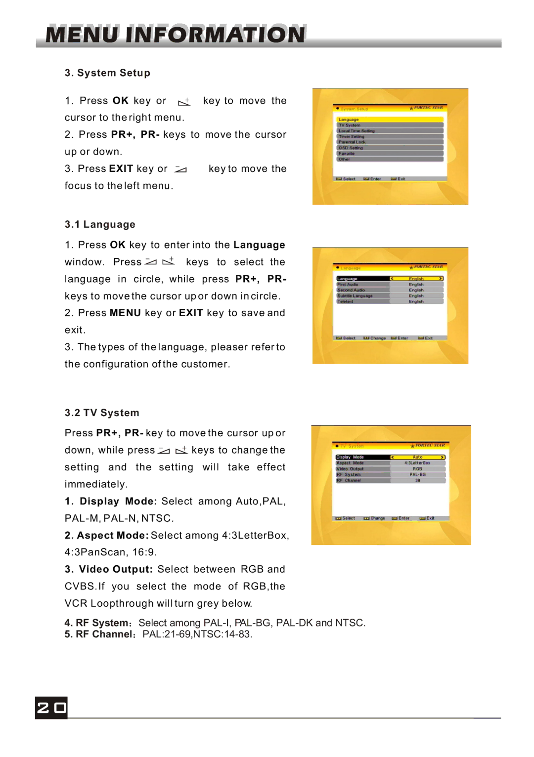 Fortec FS-4000v2 manual System Setup, Language, TV System 