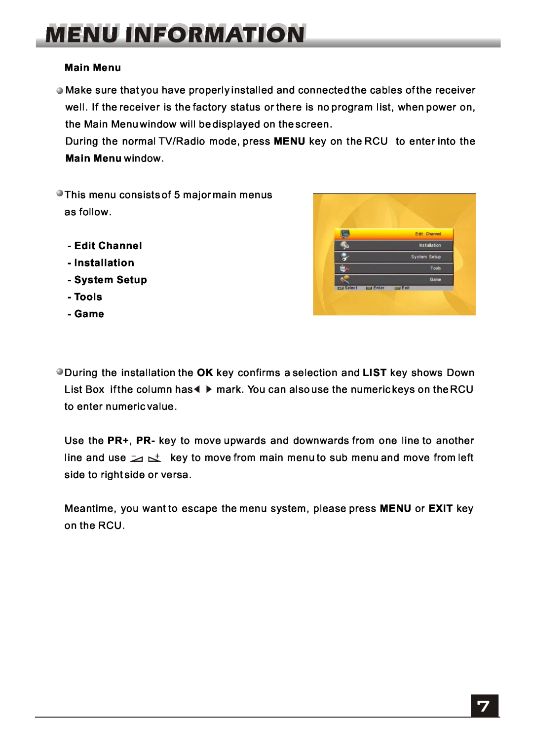 Fortec FS-4000v2 manual Main Menu, Edit Channel Installation System Setup Tools Game 