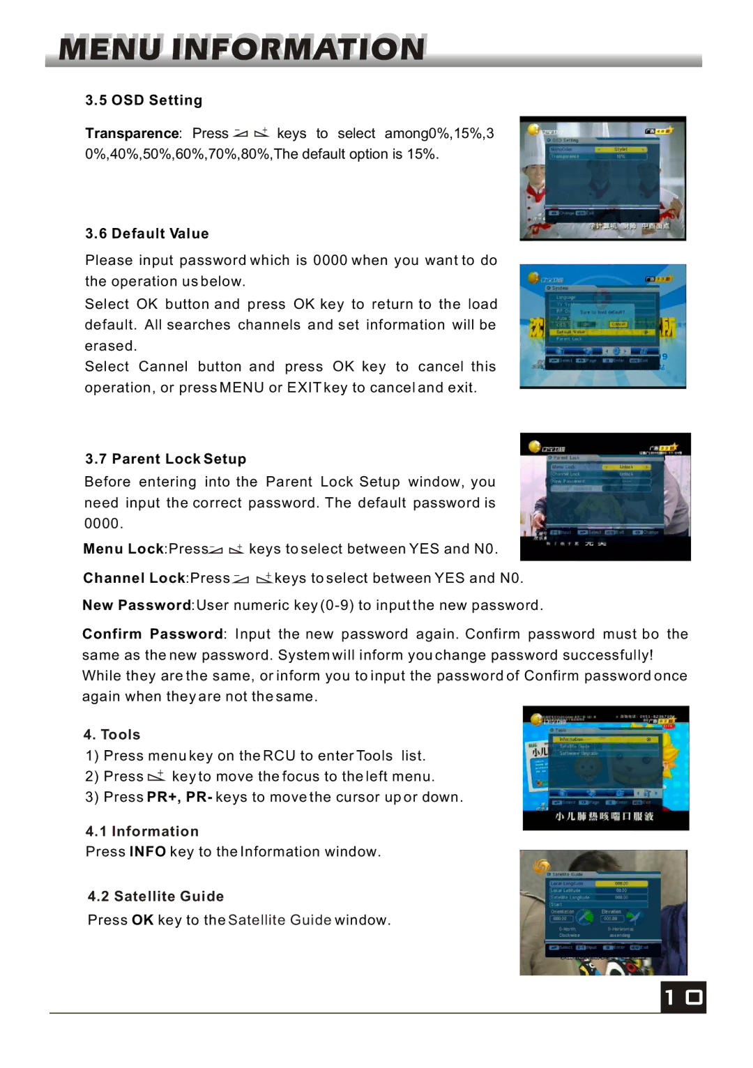 Fortec FS-4200 manual Tools, Information, Satellite Guide 